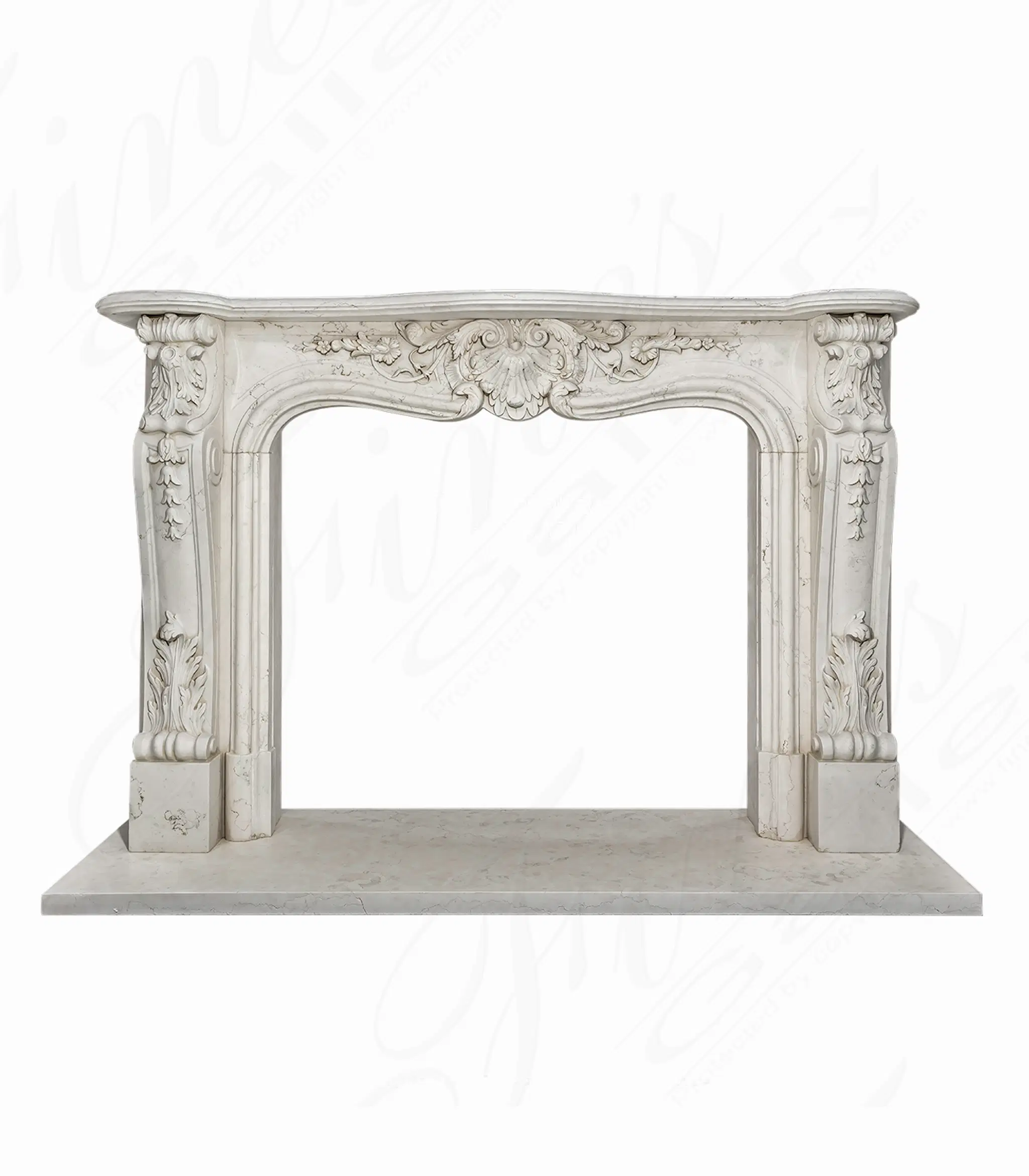Italian Perlino Light Marble Fireplace — Model MFP-2170 — Hand-Crafted by Fine's Gallery