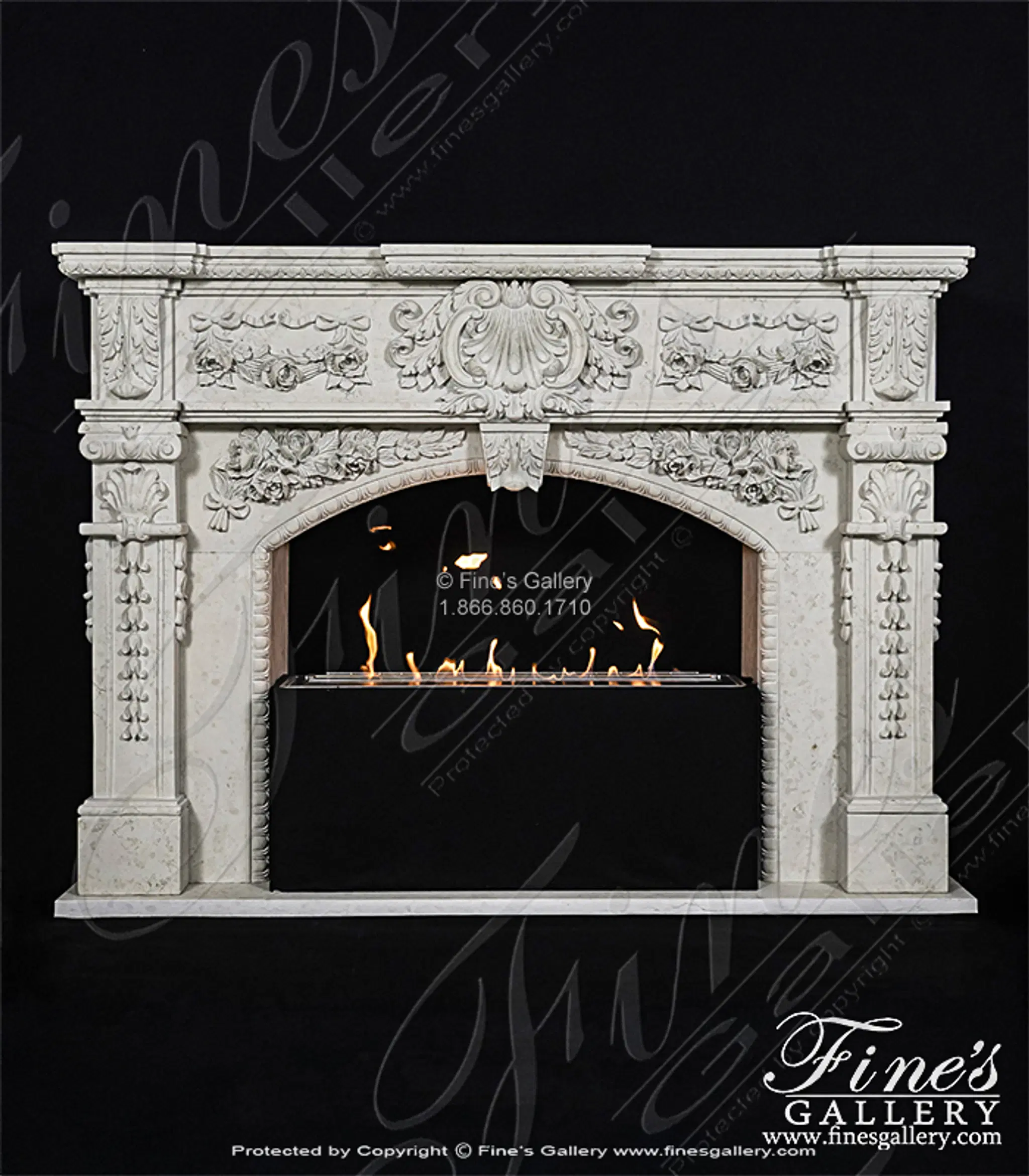 Ornate Rose Garland Mantel In Italian Bianco Perlino Marble
