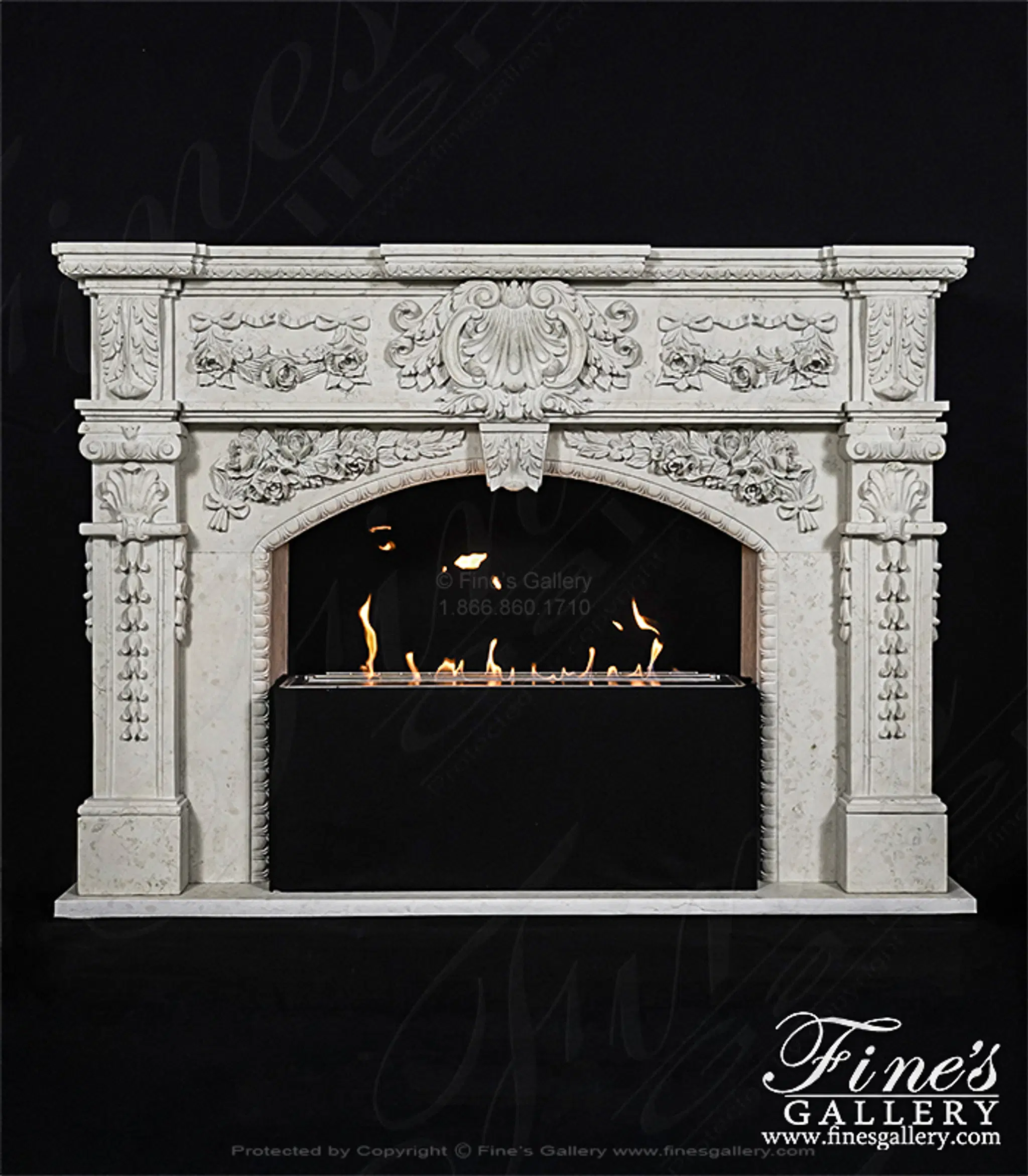 Ornate Rose Garland Mantel In Italian Bianco Perlino Marble