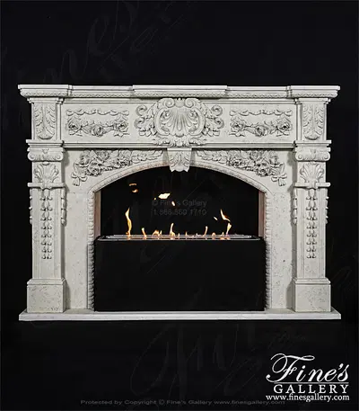 Ornate Rose Garland Mantel In Italian Bianco Perlino Marble