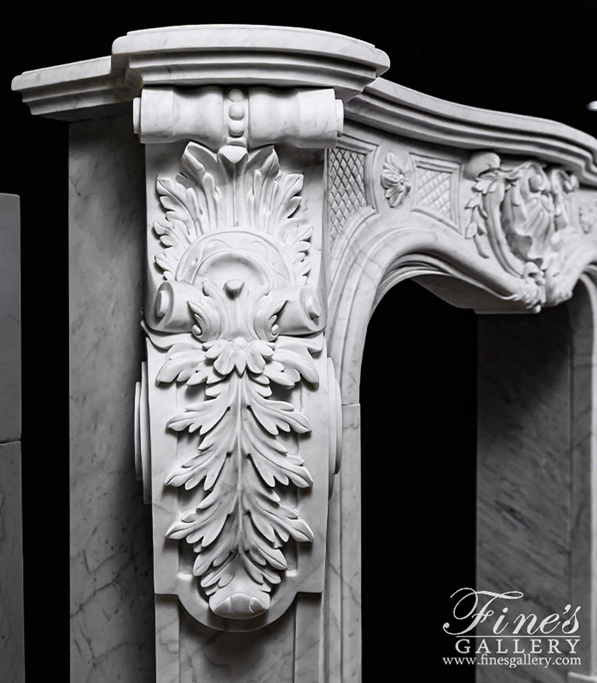 Ornate French Mantel in Italian Carrara Marble — Model MFP-2172 — detail view 5