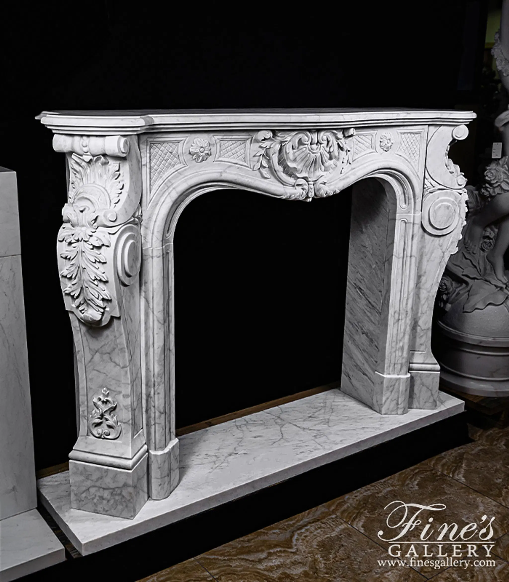 Ornate French Mantel in Italian Carrara Marble — Model MFP-2172 — detail view 6