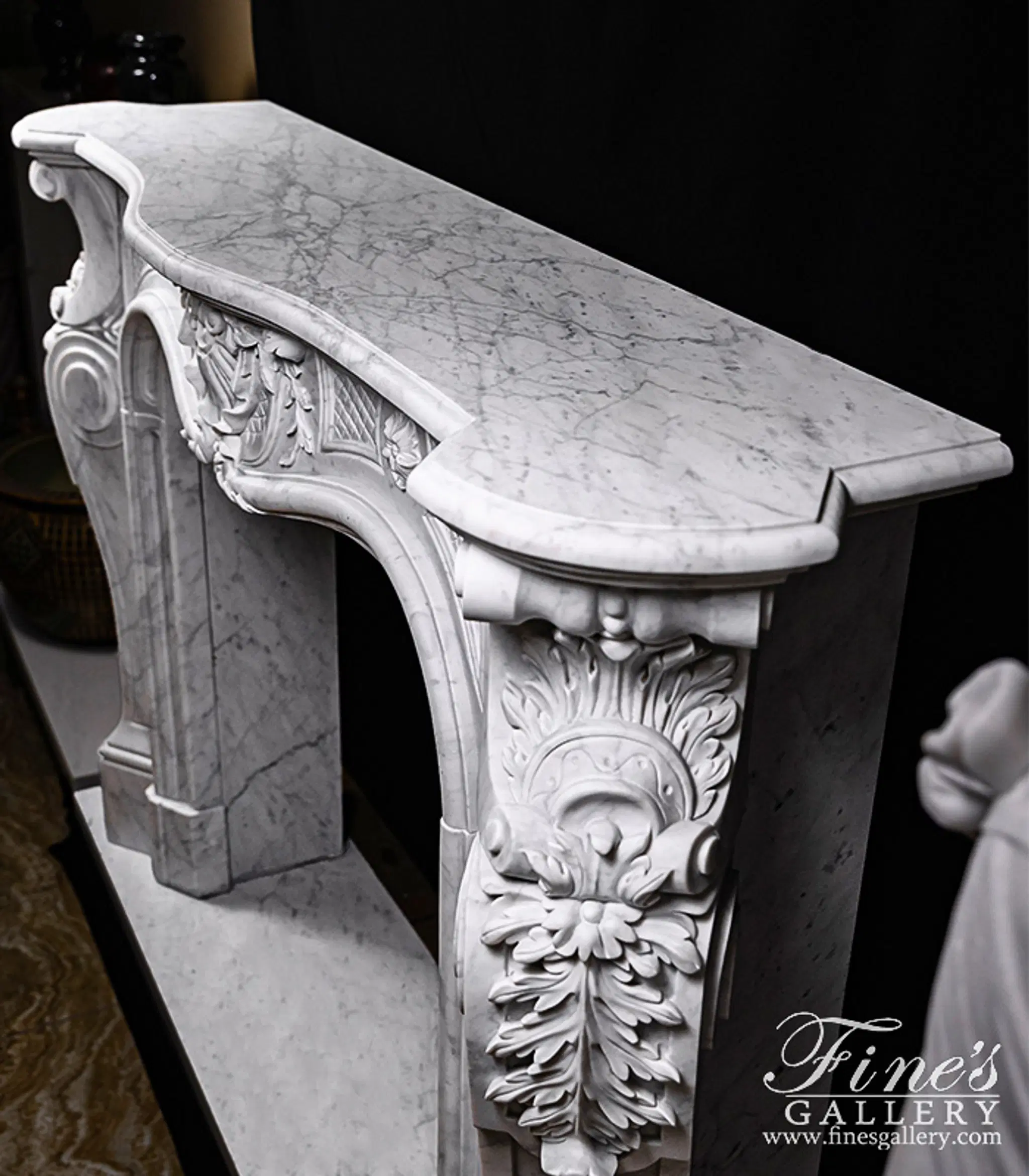 Ornate French Mantel in Italian Carrara Marble — Model MFP-2172 — detail view 7