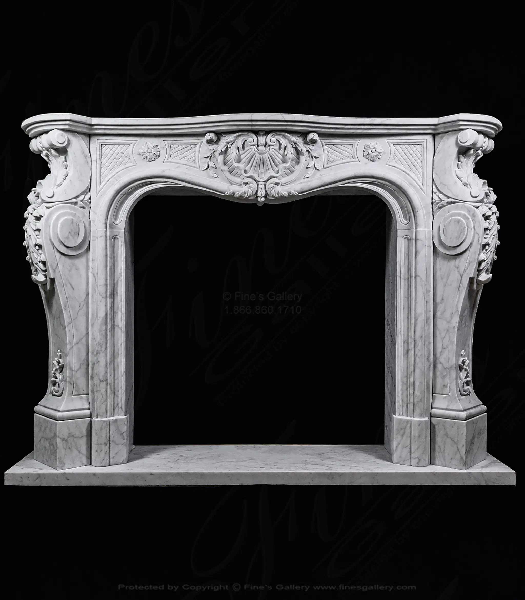 Ornate French Mantel in Italian Carrara Marble — Model MFP-2172 — Hand-Crafted by Fine's Gallery