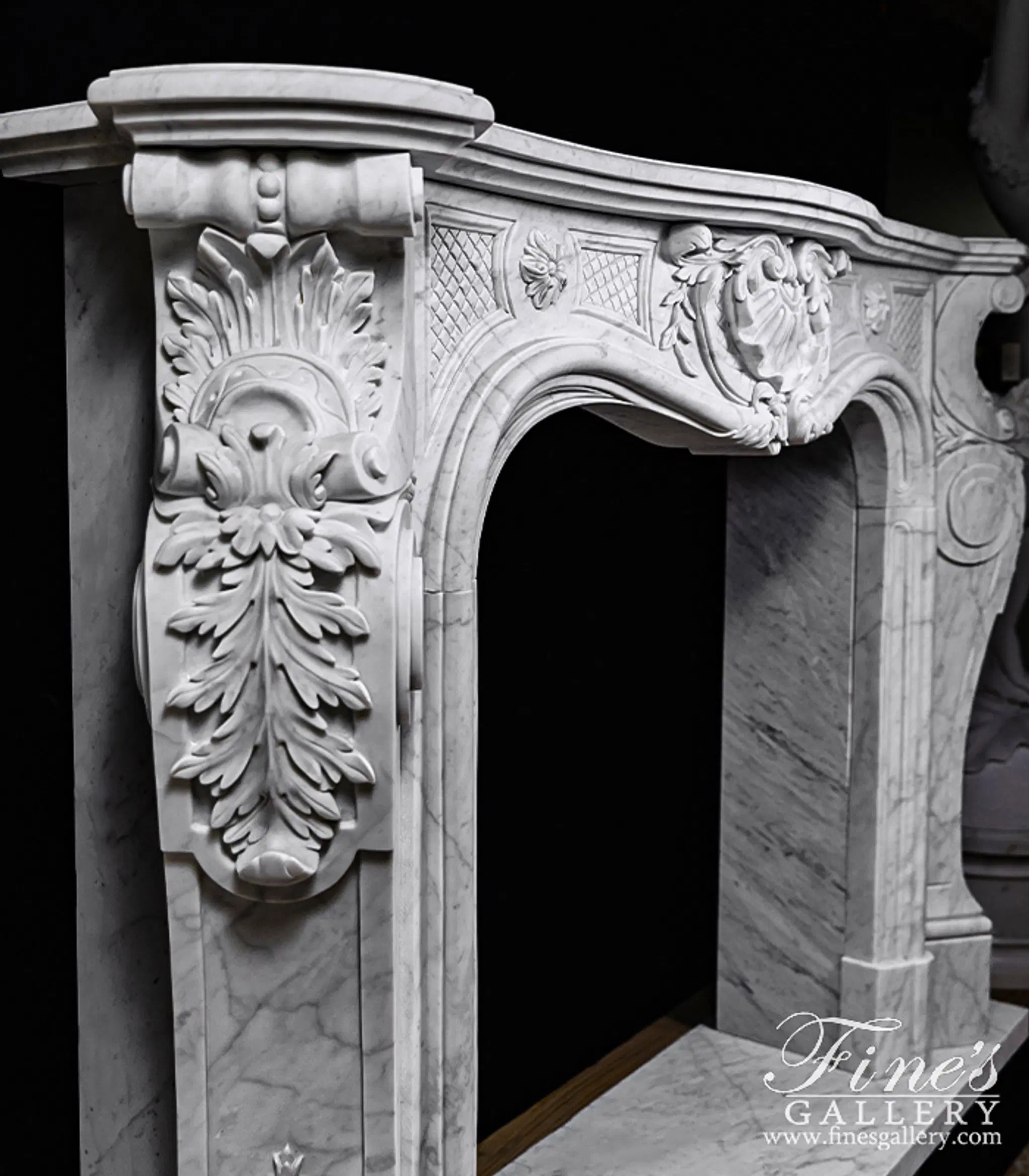 Ornate French Mantel in Italian Carrara Marble — Model MFP-2172 — detail view 8