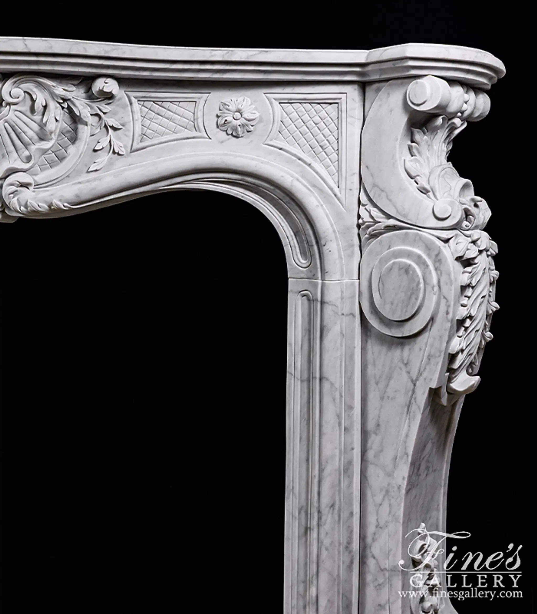 Ornate French Mantel in Italian Carrara Marble — Model MFP-2172 — detail view 2