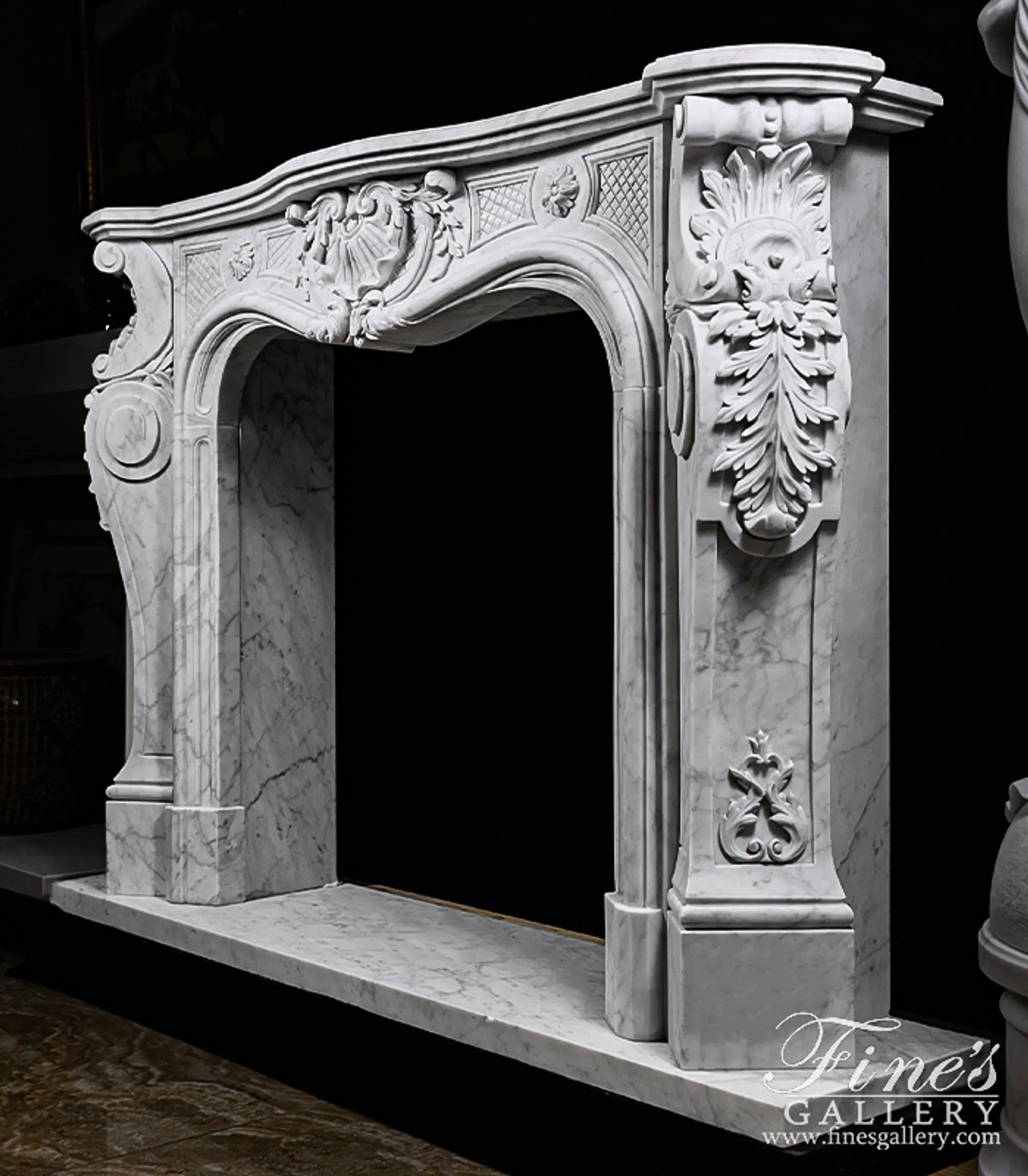 Ornate French Mantel in Italian Carrara Marble — Model MFP-2172 — detail view 4