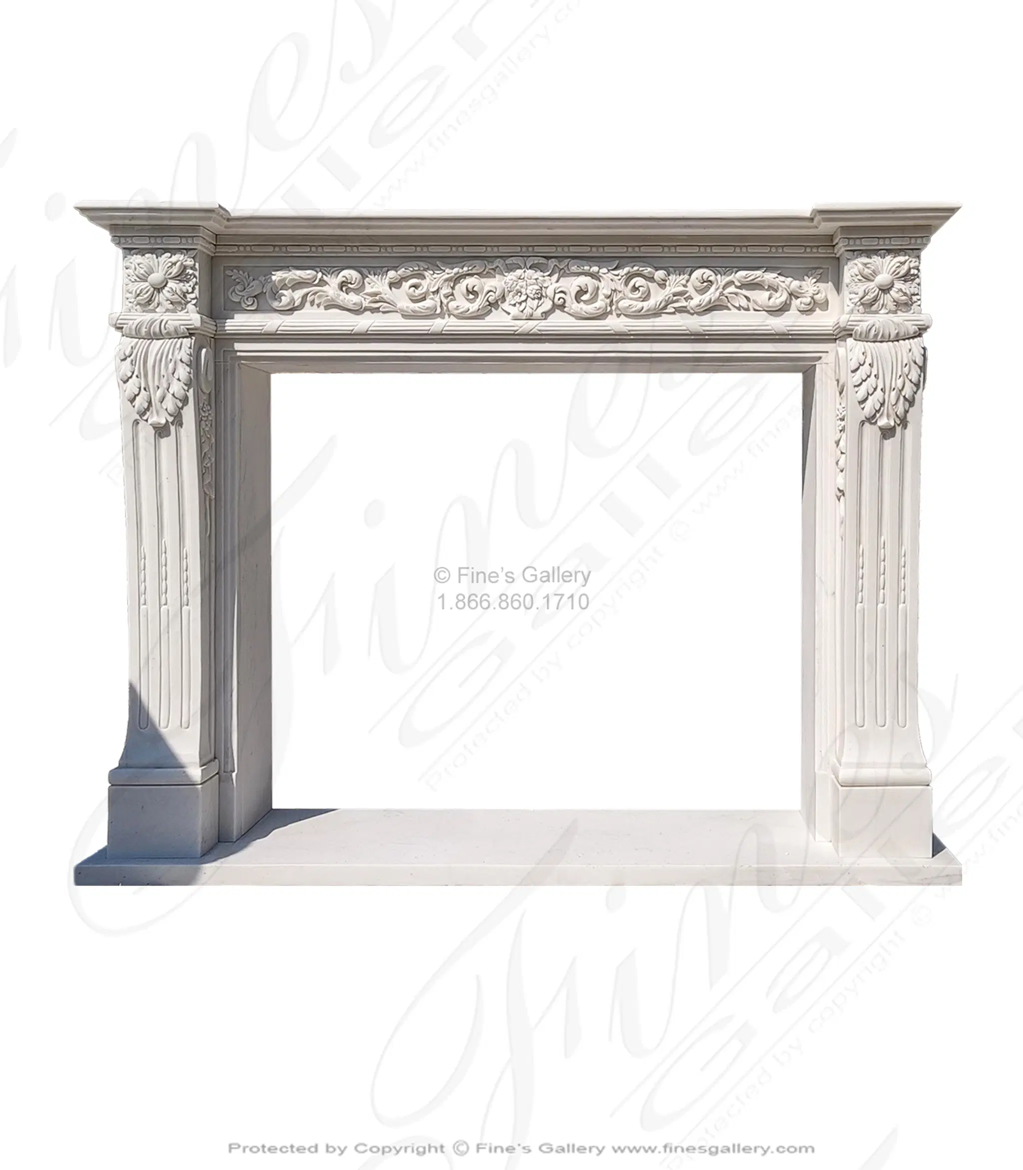 Louis XVI Statuary Marble Fireplace Mantel with Intricate Floral Carving and Fluted Jambs