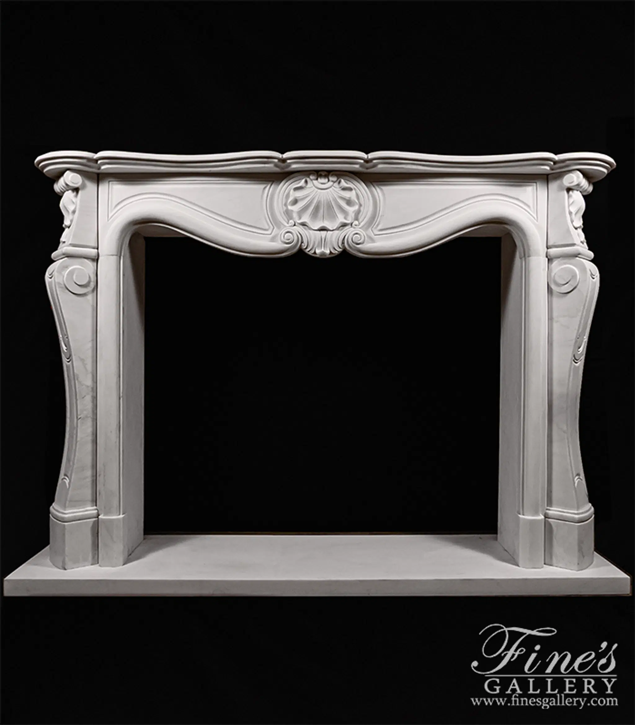 Shell Motif French Mantel in Statuary White Marble — Model MFP-2503 — Hand-Crafted by Fine's Gallery