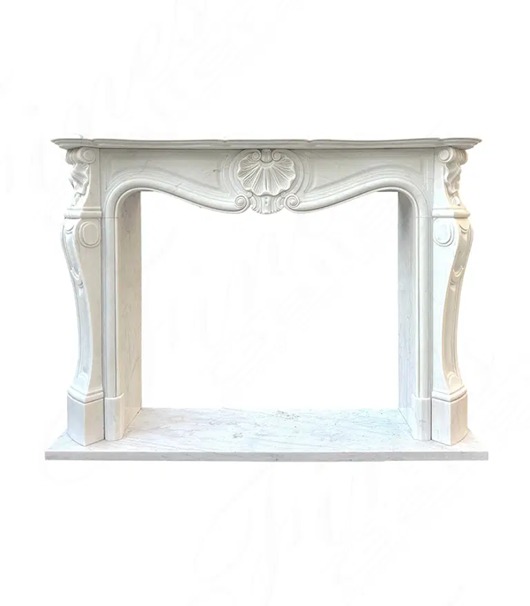 Clean French Marble Fireplace Mantel with Shell Motif