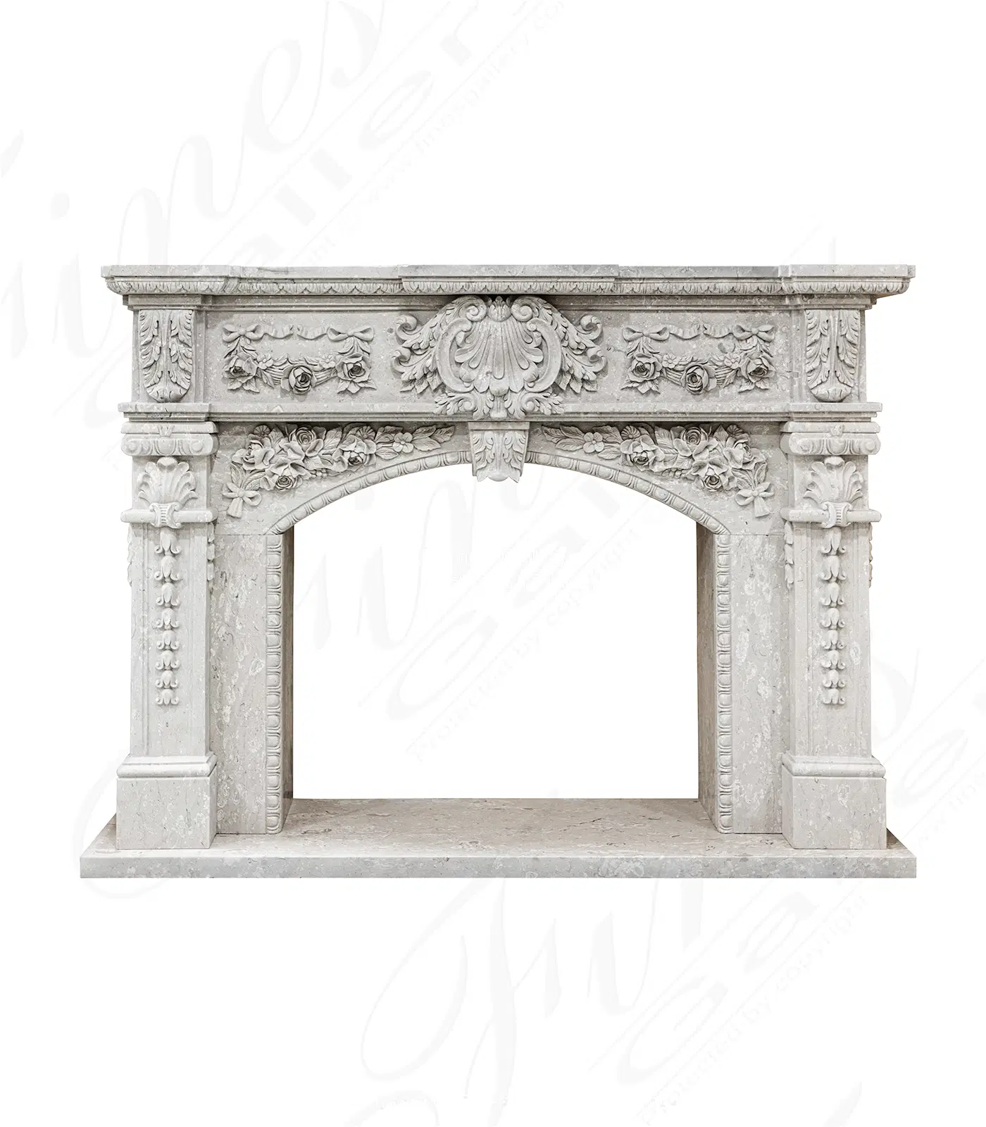 Lavish Floral Garland Italian Perlato Marble Fireplace Mantel — Model MFP-2262 — product video
