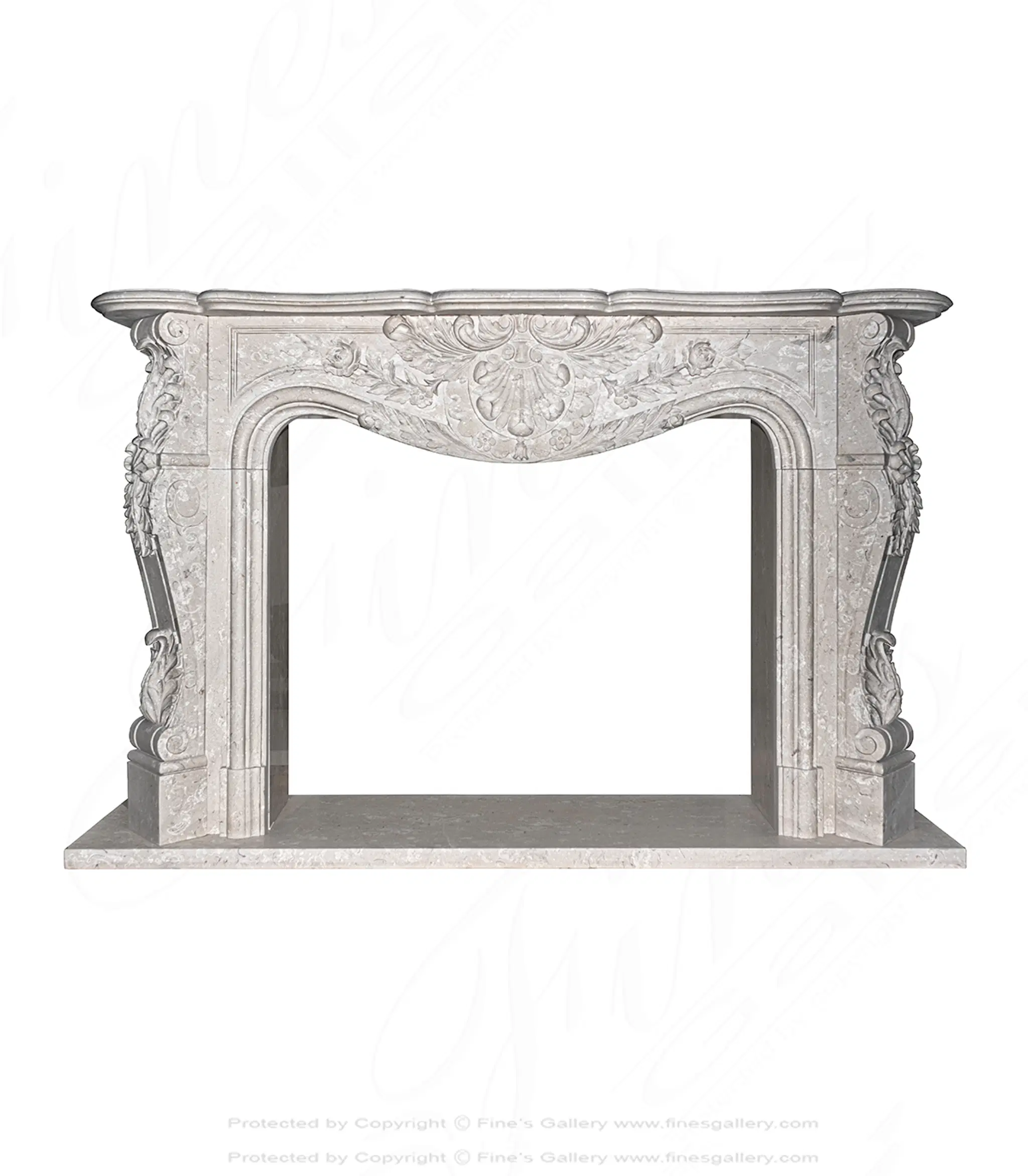 Hand Picked Italian Perlato Marble Ornate Floral Fireplace Mantel — Model MFP-2269 — Hand-Crafted by Fine's Gallery