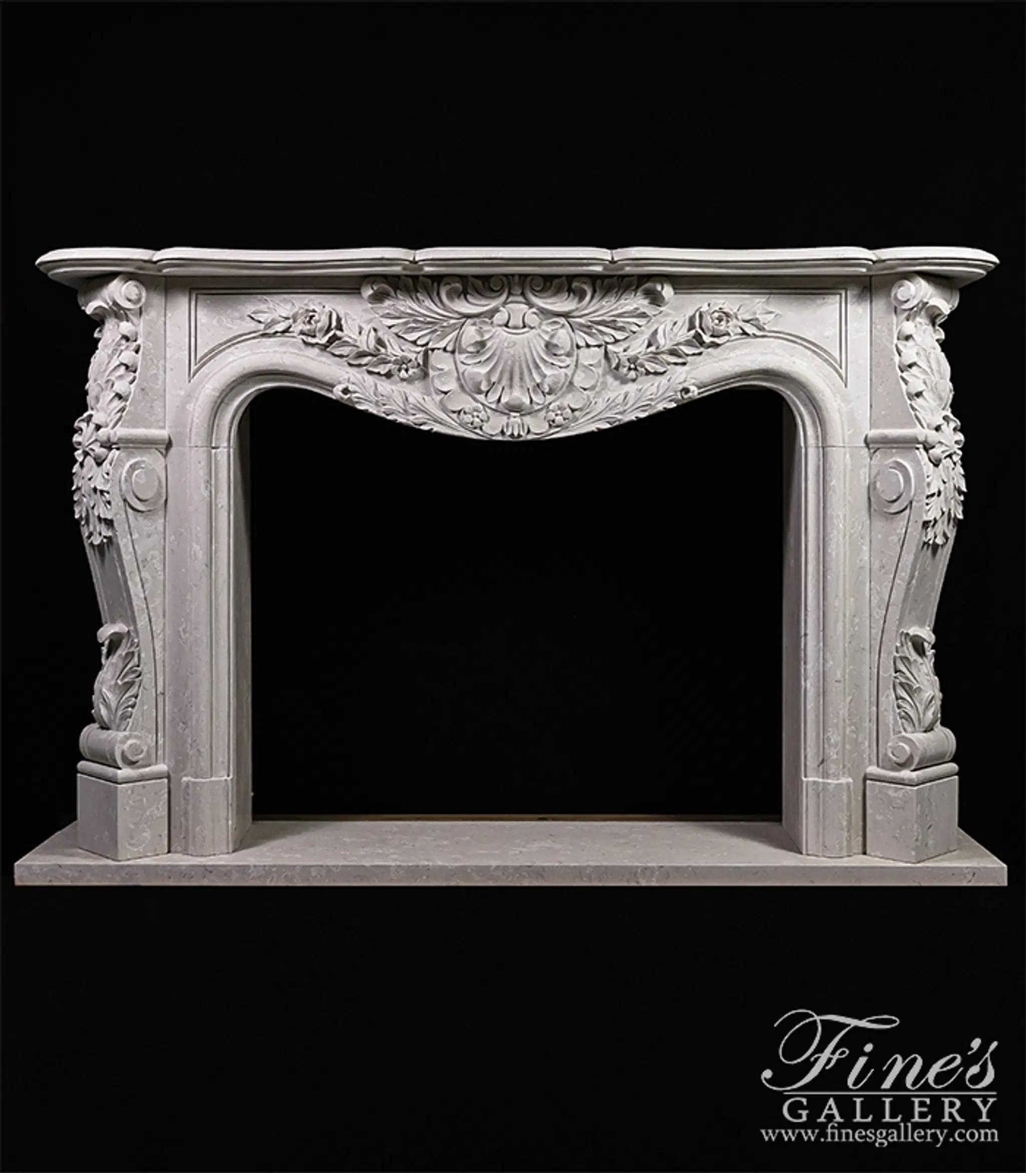 Hand Picked Italian Perlato Marble Ornate Floral Fireplace Mantel — Model MFP-2269 — Hand-Crafted by Fine's Gallery