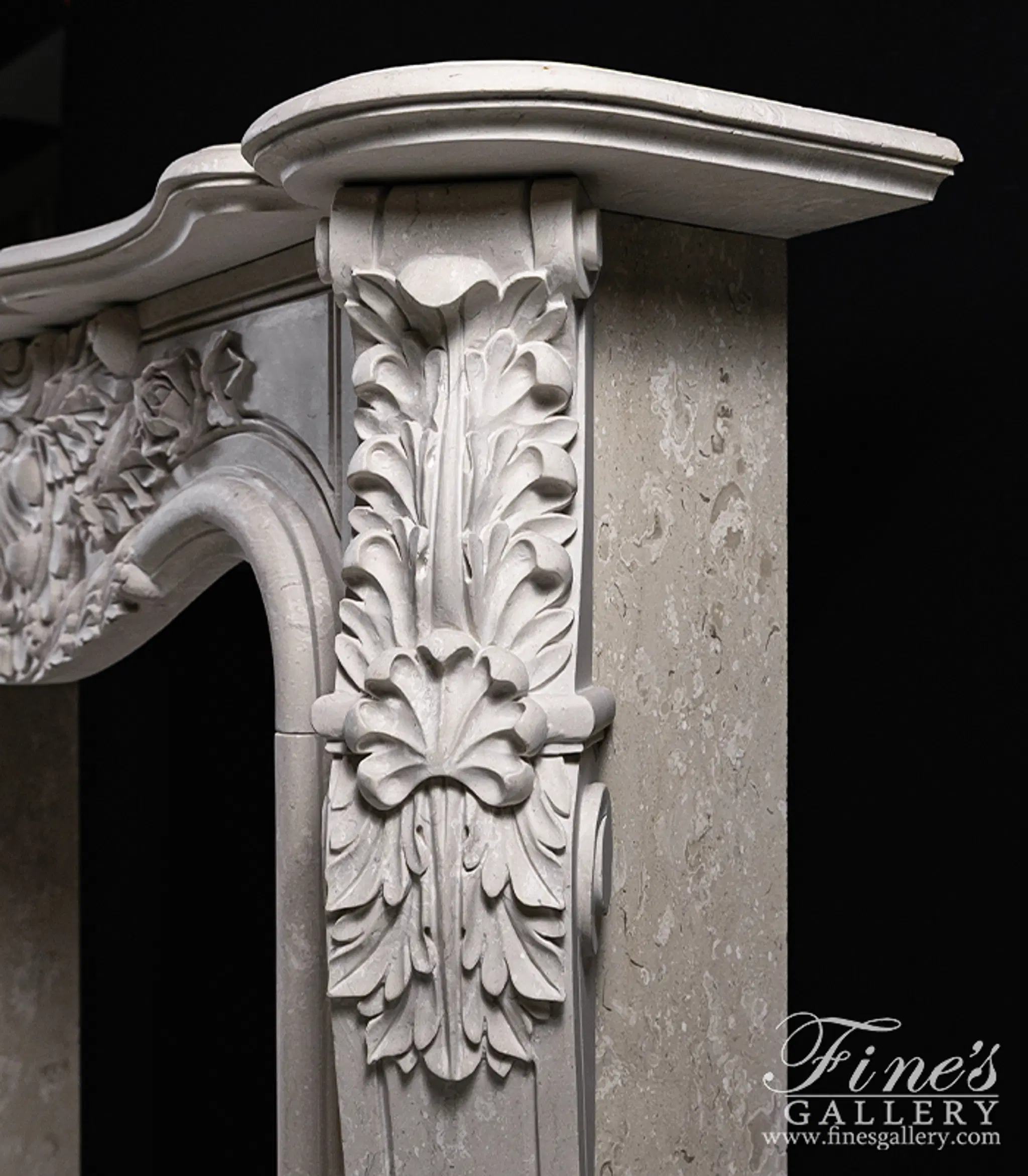 Hand Picked Italian Perlato Marble Ornate Floral Fireplace Mantel — Model MFP-2269 — detail view 2