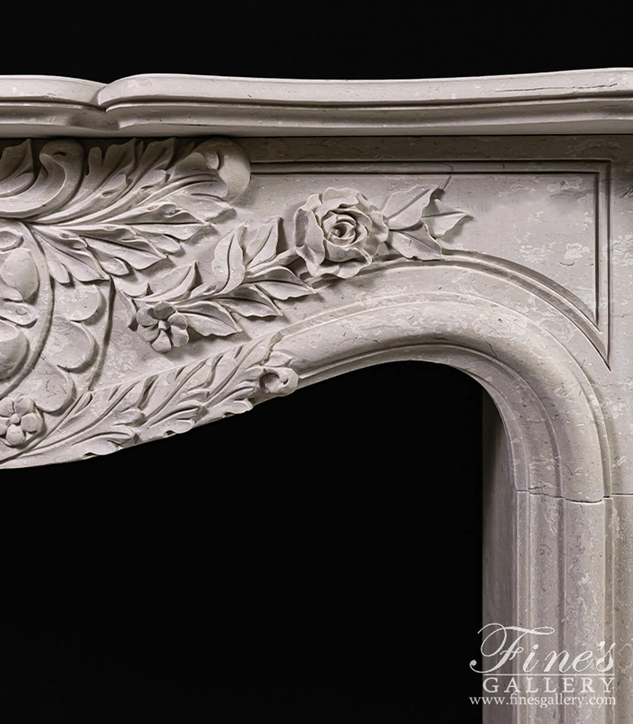 Hand Picked Italian Perlato Marble Ornate Floral Fireplace Mantel — Model MFP-2269 — detail view 3