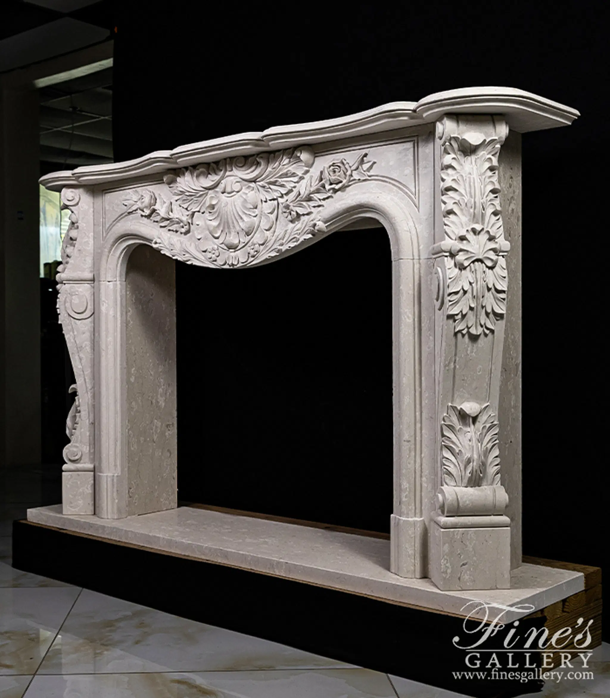 Hand Picked Italian Perlato Marble Ornate Floral Fireplace Mantel — Model MFP-2269 — detail view 4