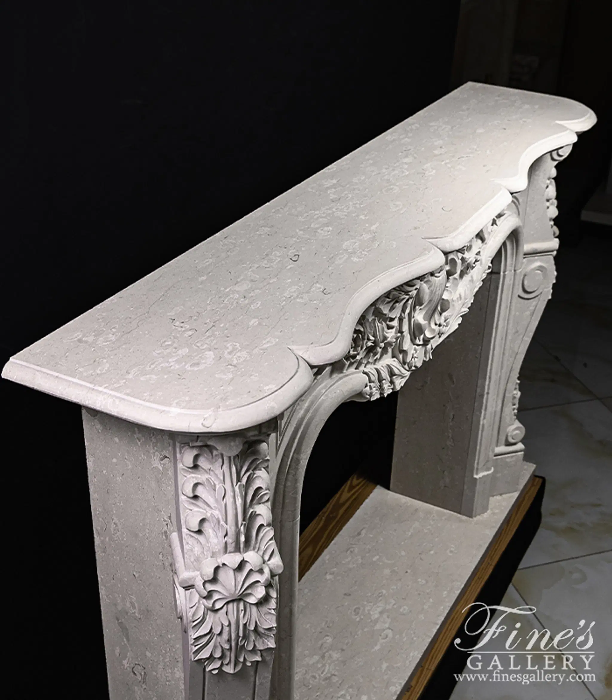 Hand Picked Italian Perlato Marble Ornate Floral Fireplace Mantel — Model MFP-2269 — detail view 5