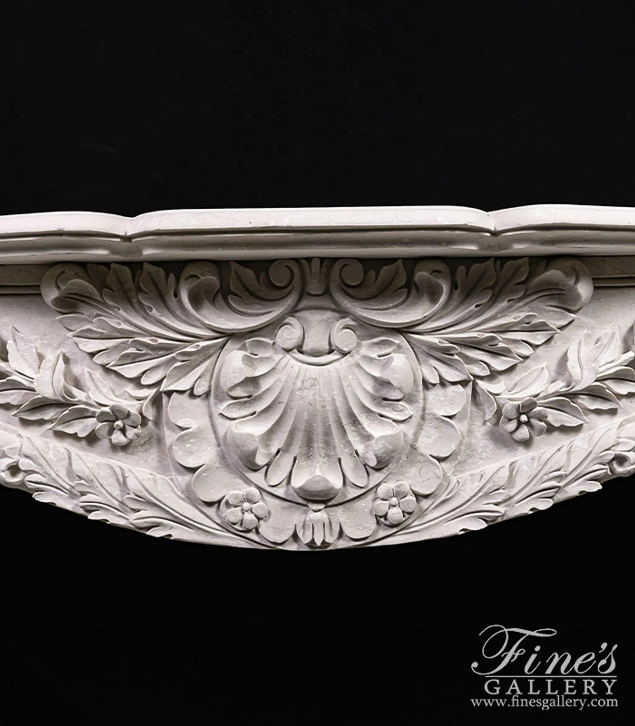 Hand Picked Italian Perlato Marble Ornate Floral Fireplace Mantel — Model MFP-2269 — detail view 6
