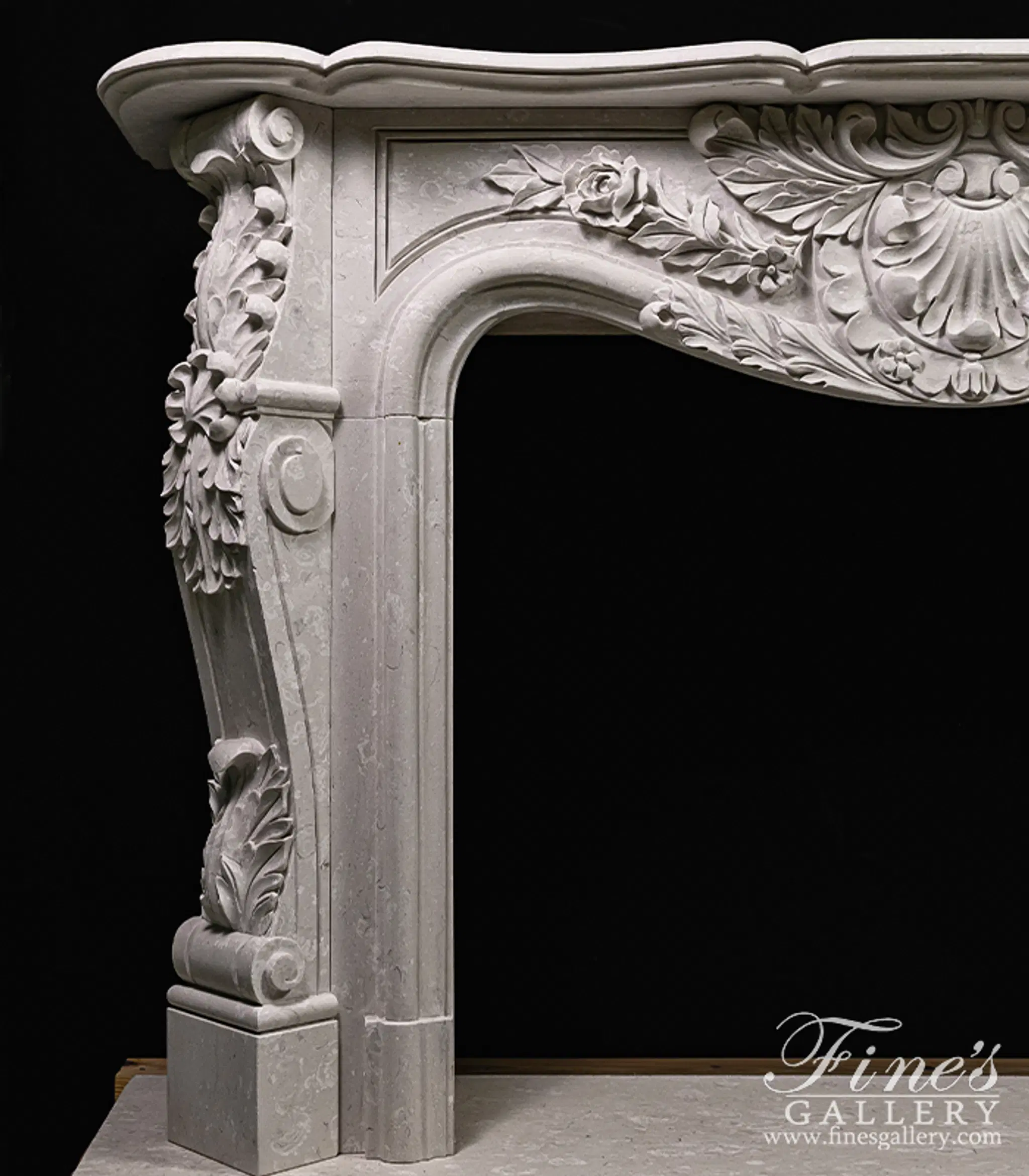 Hand Picked Italian Perlato Marble Ornate Floral Fireplace Mantel — Model MFP-2269 — detail view 7