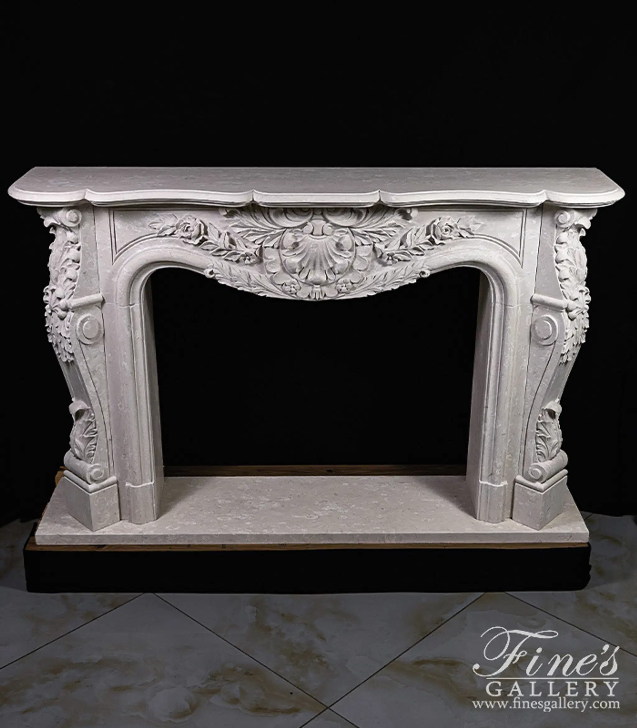 Hand Picked Italian Perlato Marble Ornate Floral Fireplace Mantel — Model MFP-2269 — detail view 1