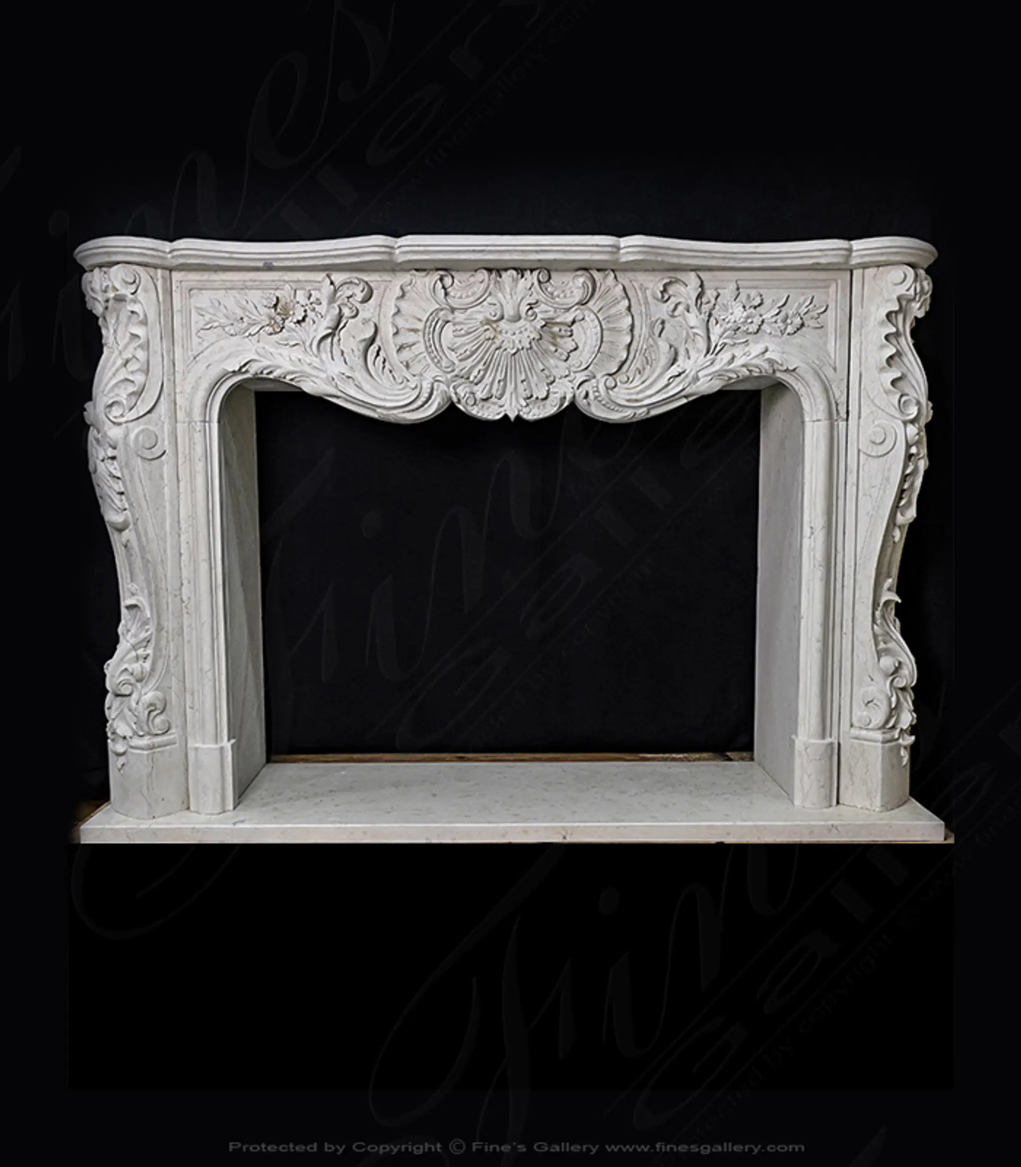 Exotic Italian Bianco Perlino Marble French Versailles Fireplace Mantel — Model MFP-2270 — Hand-Crafted by Fine's Gallery