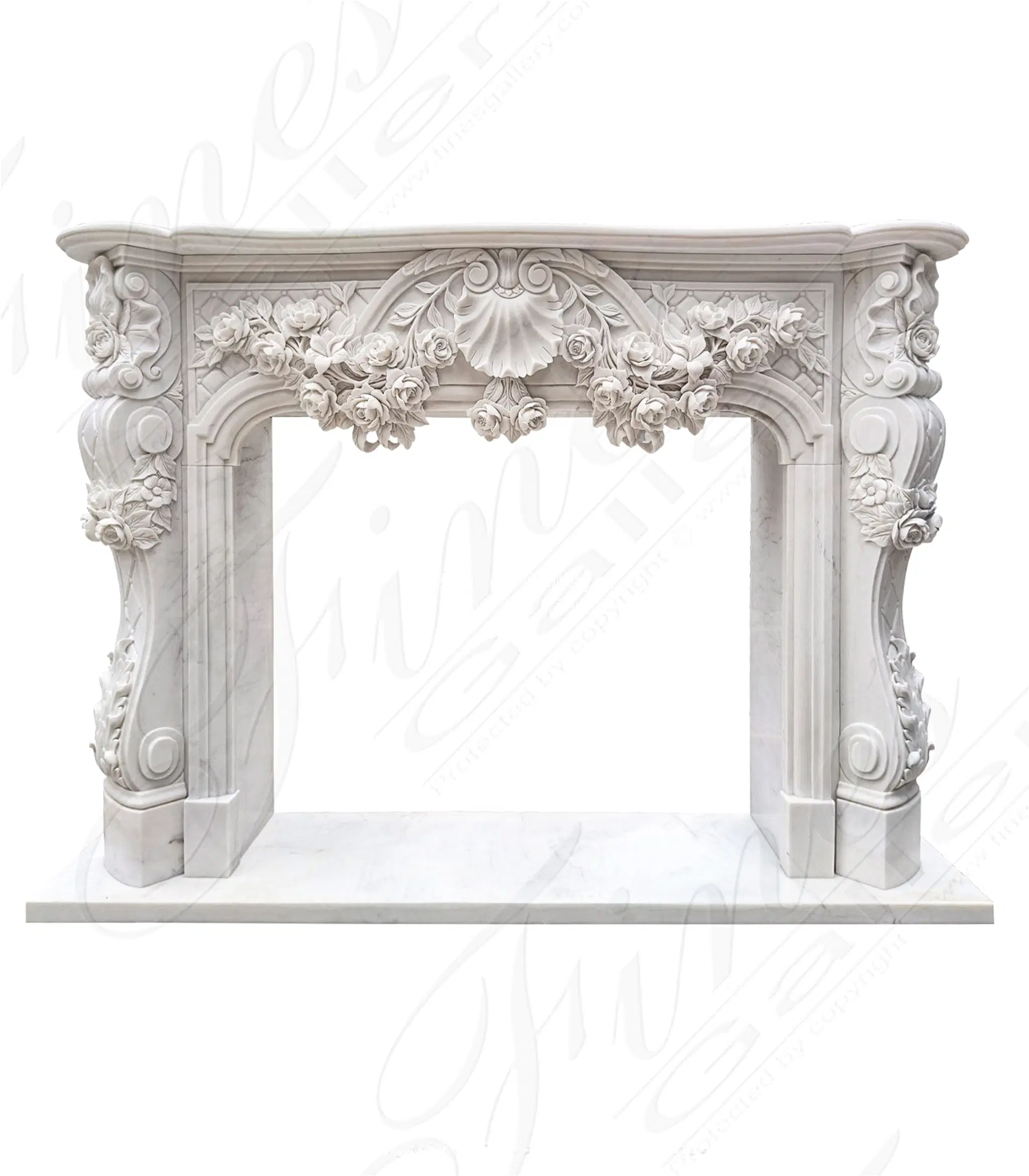 Ornate French Marble Fireplace with Rose Garlands in Deep Relief