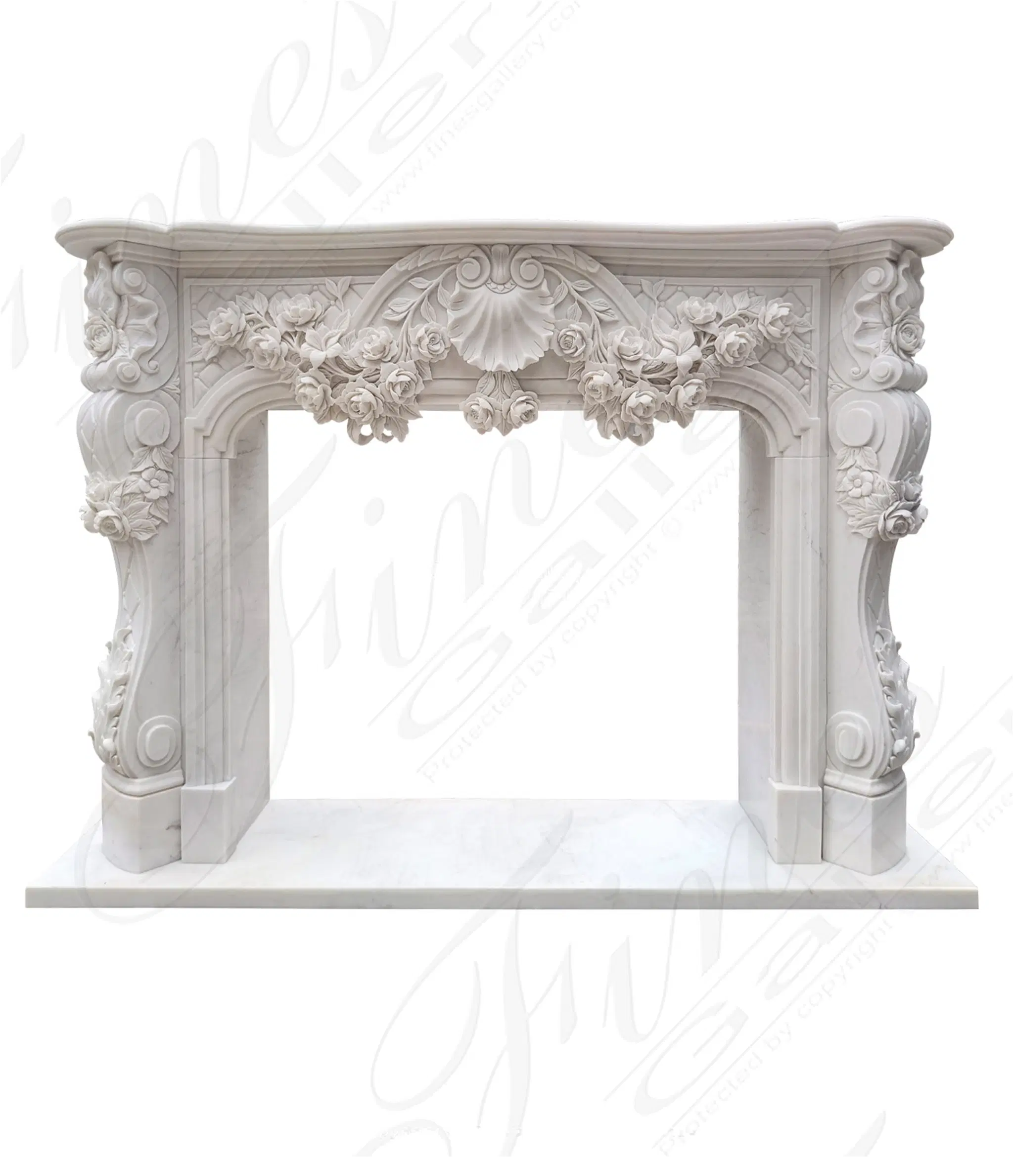 Ornate French Marble Fireplace with Rose Garlands in Deep Relief