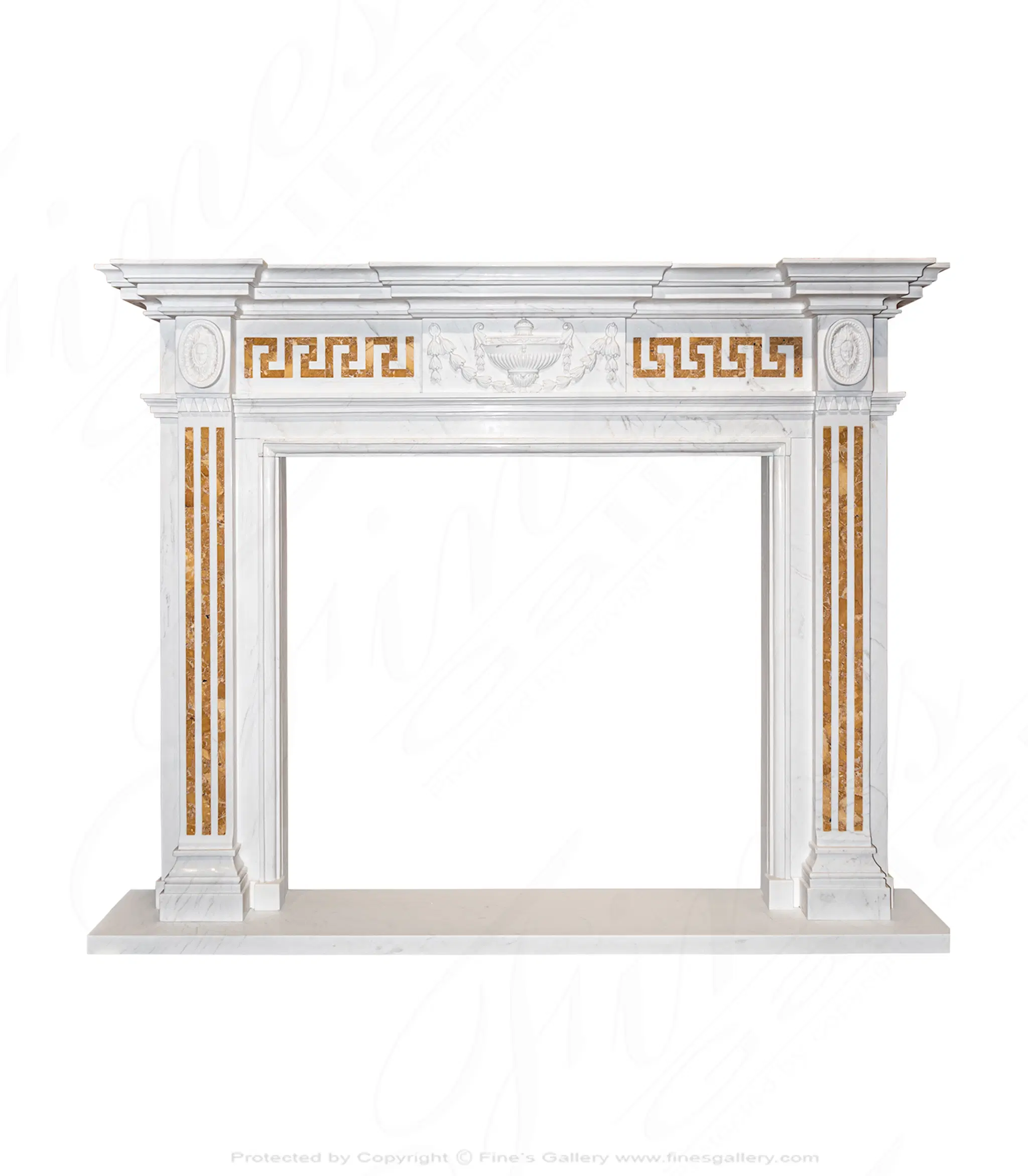 NeoClassical Italian Marble Mantelpiece with Greek Key Apron — Model MFP-2435 — Hand-Crafted by Fine's Gallery