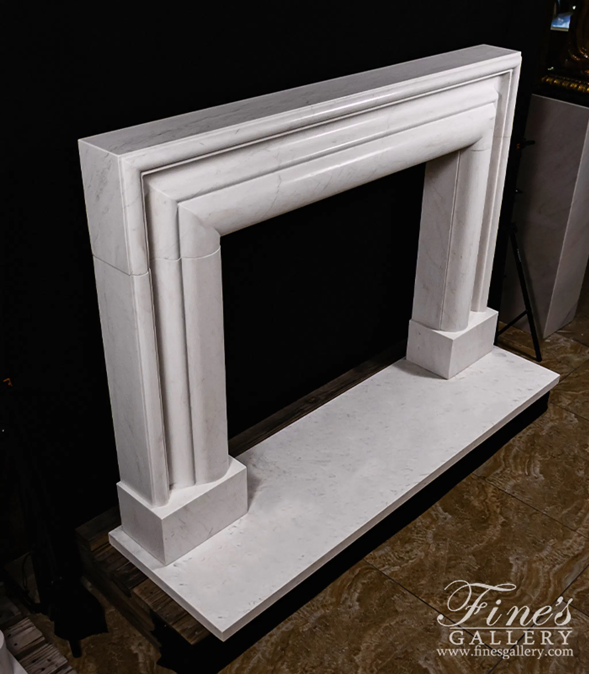 Bolection Style Statuary White Marble Fireplace Mantel — Model MFP-2504 — detail view 2