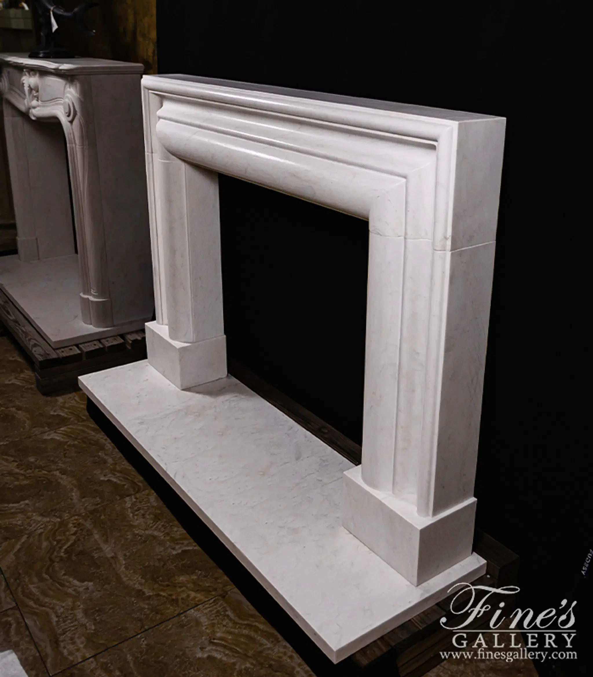 Bolection Style Statuary White Marble Fireplace Mantel — Model MFP-2504 — detail view 3