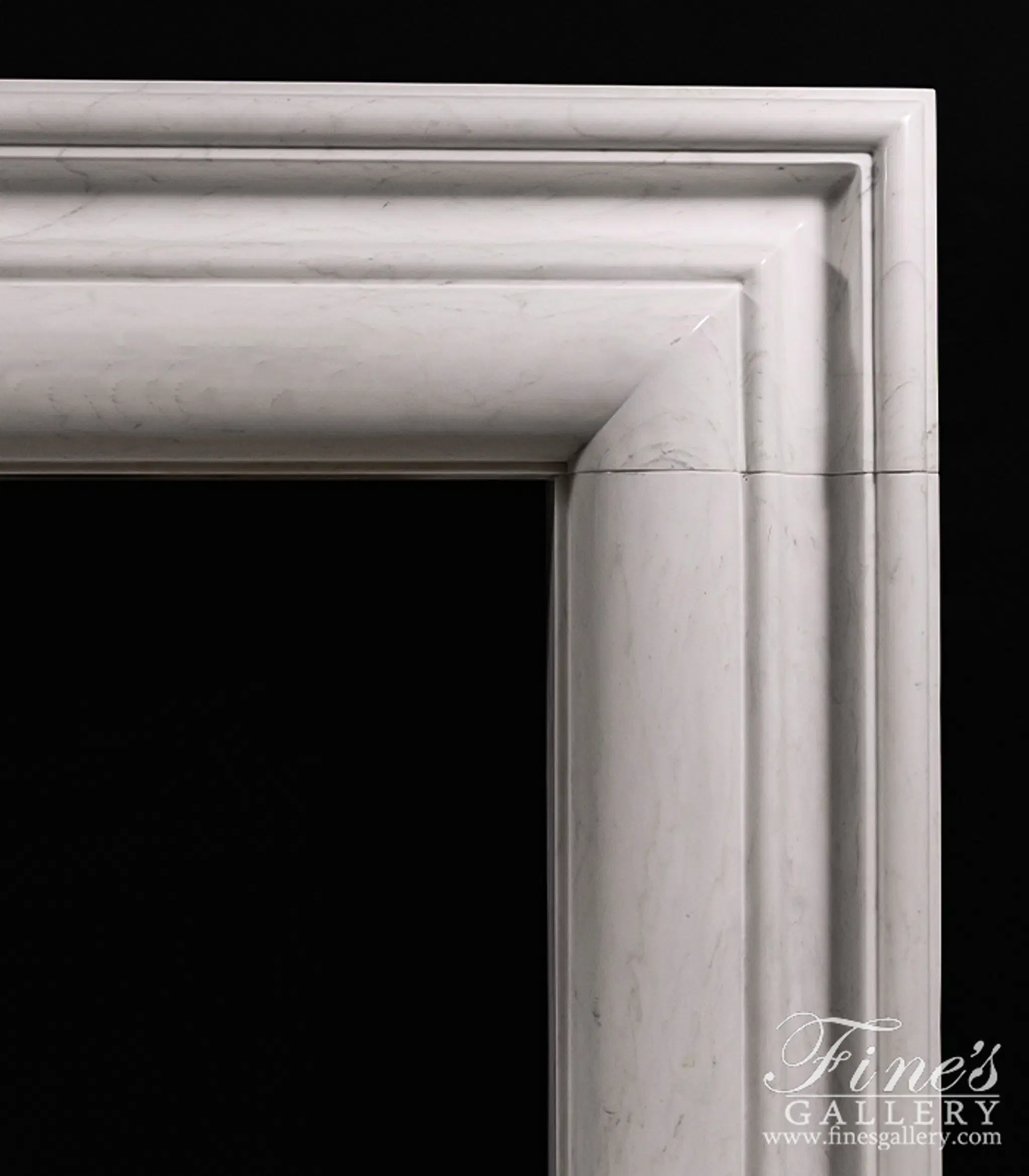 Bolection Style Statuary White Marble Fireplace Mantel — Model MFP-2504 — detail view 4
