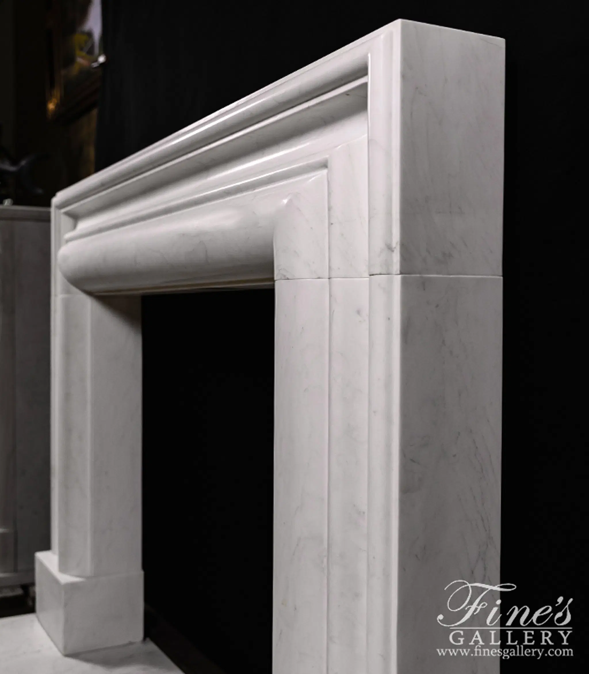 Bolection Style Statuary White Marble Fireplace Mantel — Model MFP-2504 — detail view 6