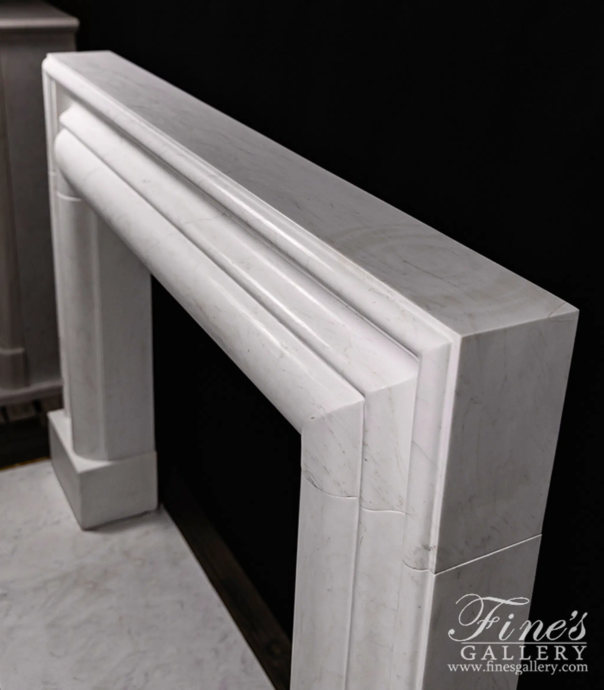 Bolection Style Statuary White Marble Fireplace Mantel — Model MFP-2504 — detail view 7