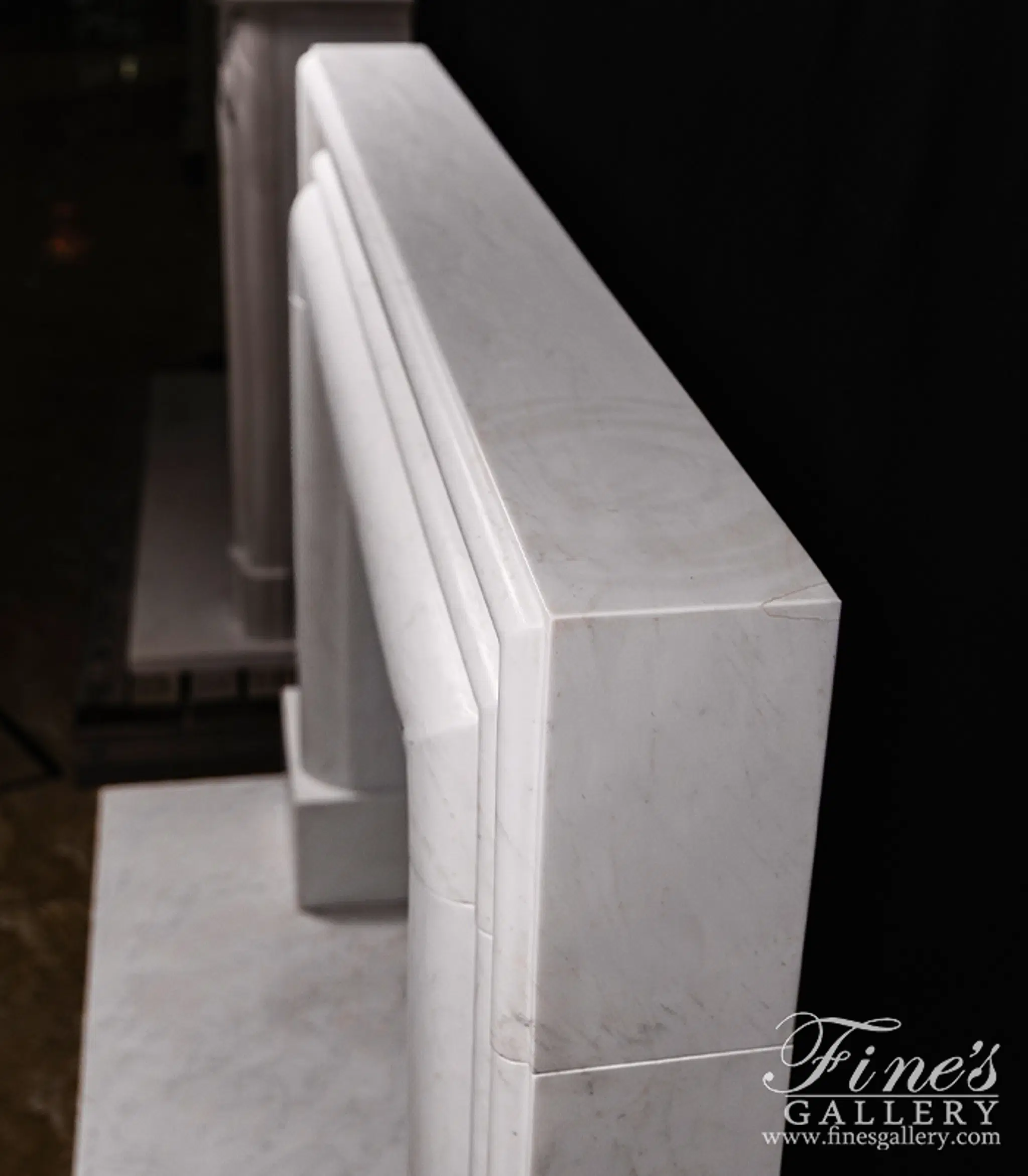 Bolection Style Statuary White Marble Fireplace Mantel — Model MFP-2504 — detail view 8