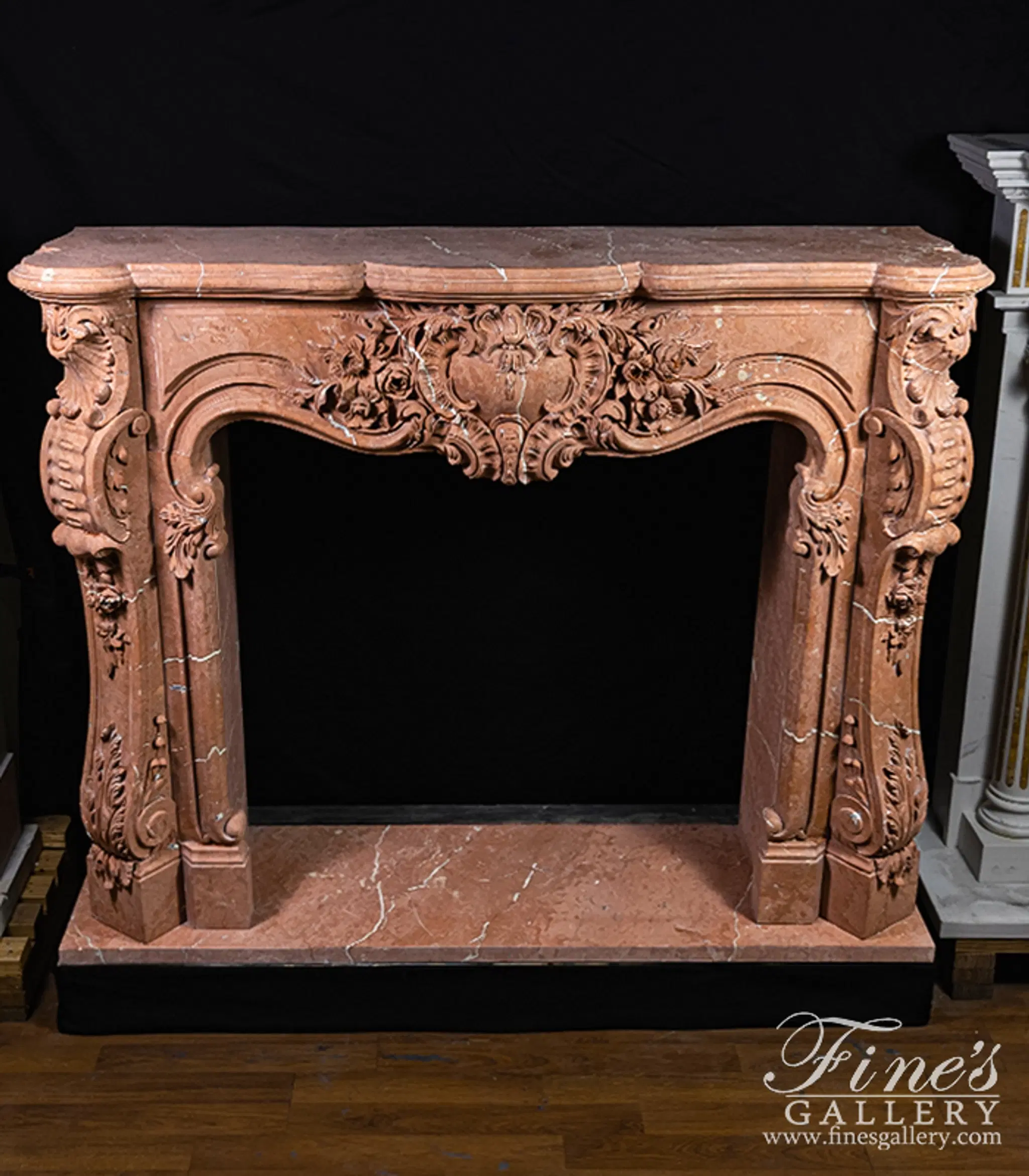 Highly Ornate French Mantel in Rare Rojo Alicante Marble — Model MFP-2527 — detail view 1