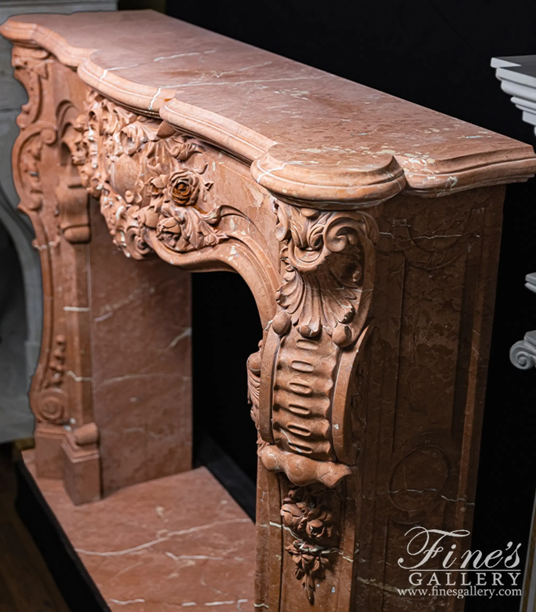 Highly Ornate French Mantel in Rare Rojo Alicante Marble — Model MFP-2527 — detail view 7