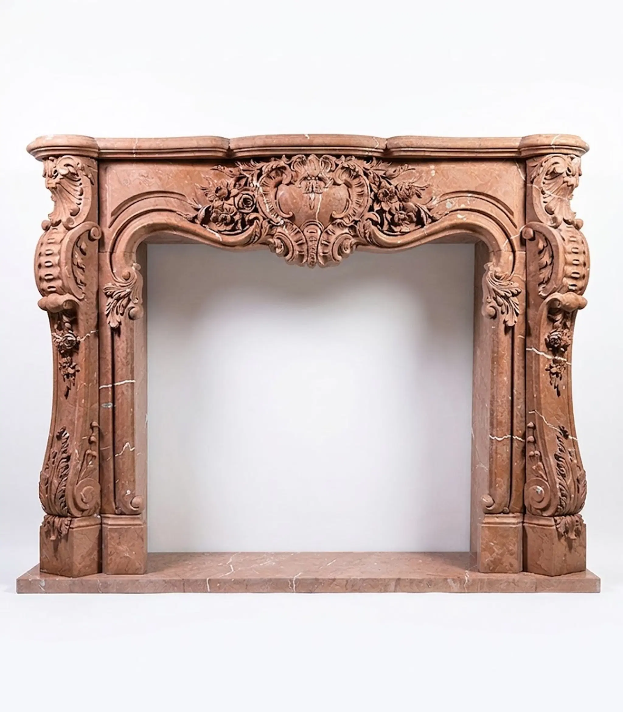 Highly Ornate French Mantel in Rare Rojo Alicante Marble — Model MFP-2527 — Hand-Crafted by Fine's Gallery