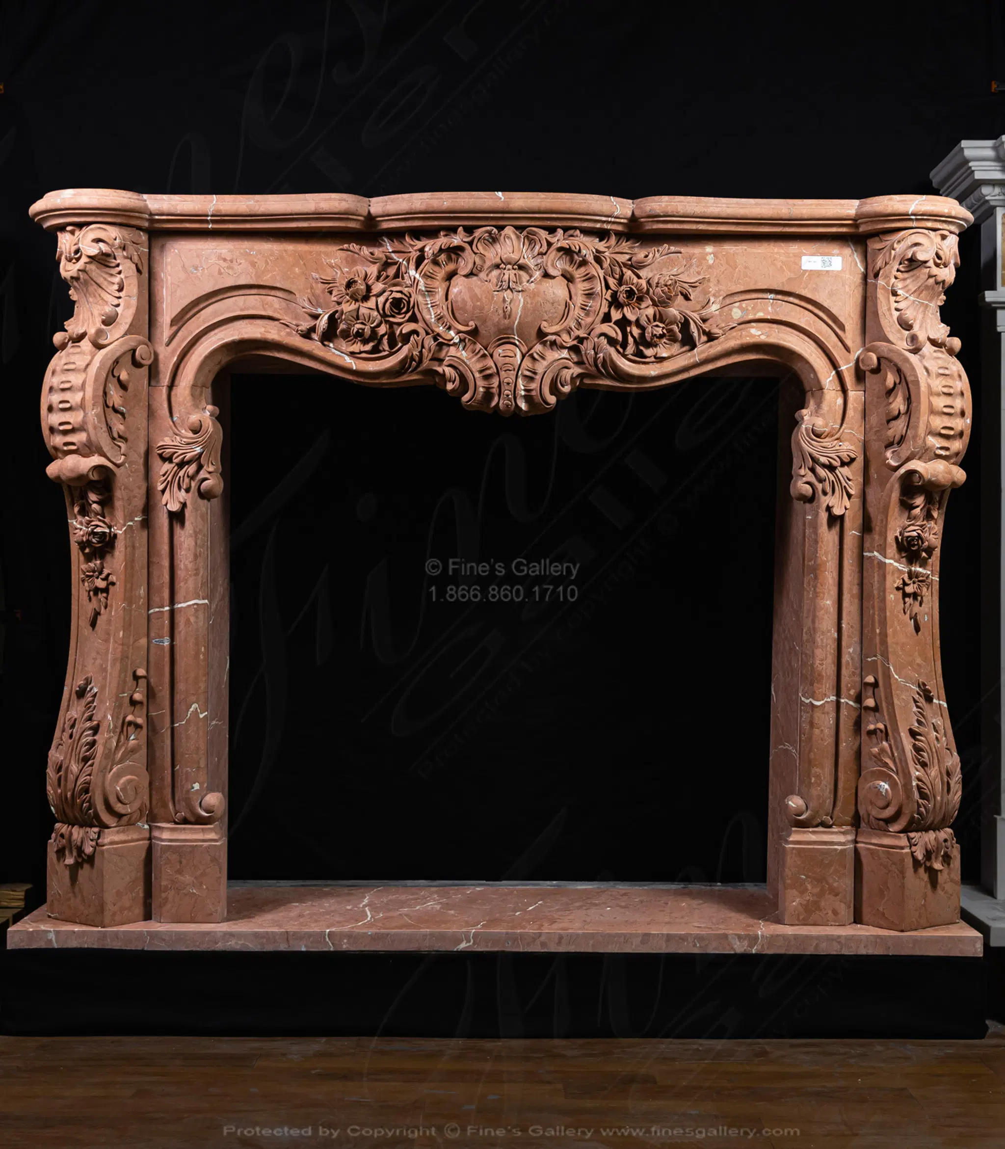 Highly Ornate French Mantel in Rare Rojo Alicante Marble — Model MFP-2527 — Hand-Crafted by Fine's Gallery