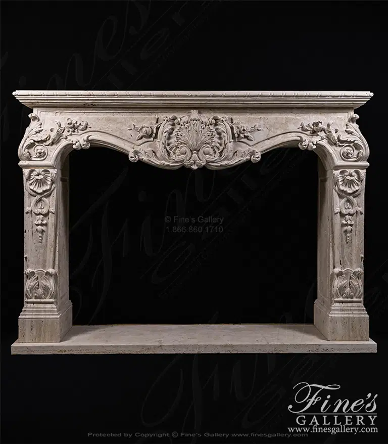 Rare Ornately Carved Mantel in Italian Roman Travertine