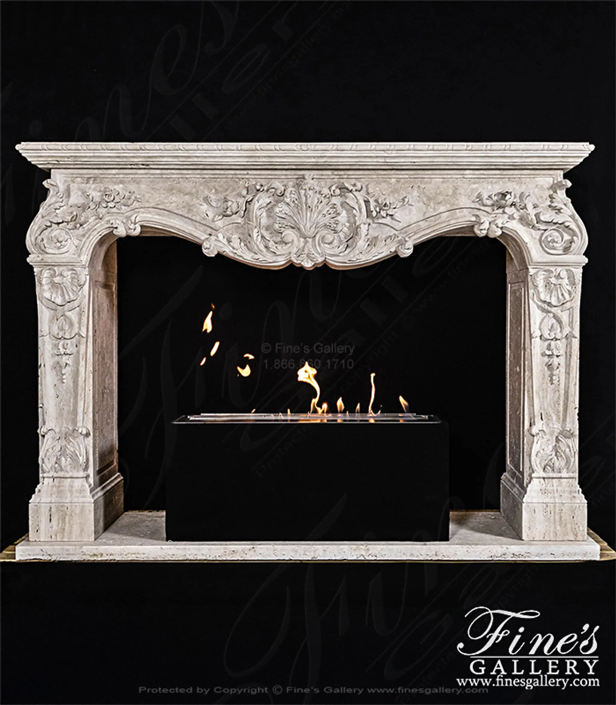 Rare Ornately Carved Mantel in Italian Roman Travertine