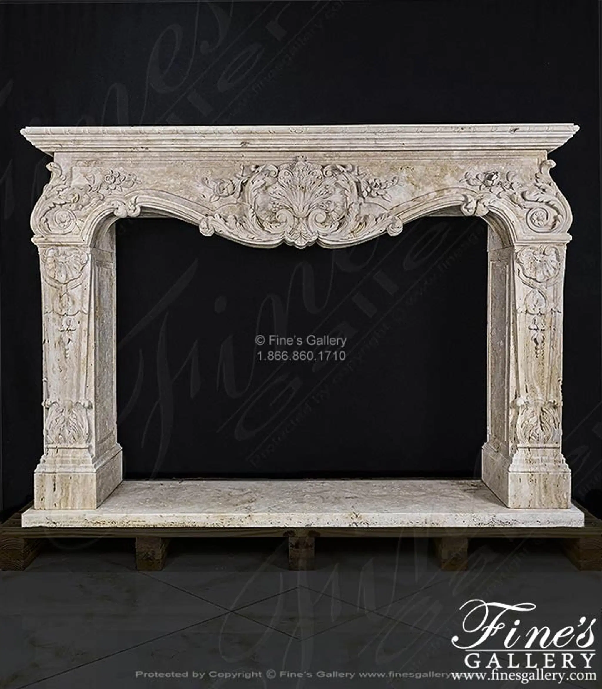 Rare Ornately Carved Mantel in Italian Roman Travertine