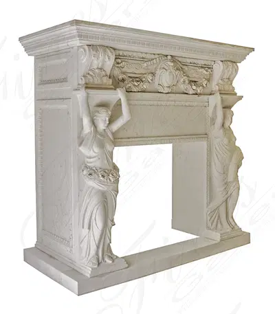 Grecian Statues Marble Mantel in Italian Bianco Perlino Marble