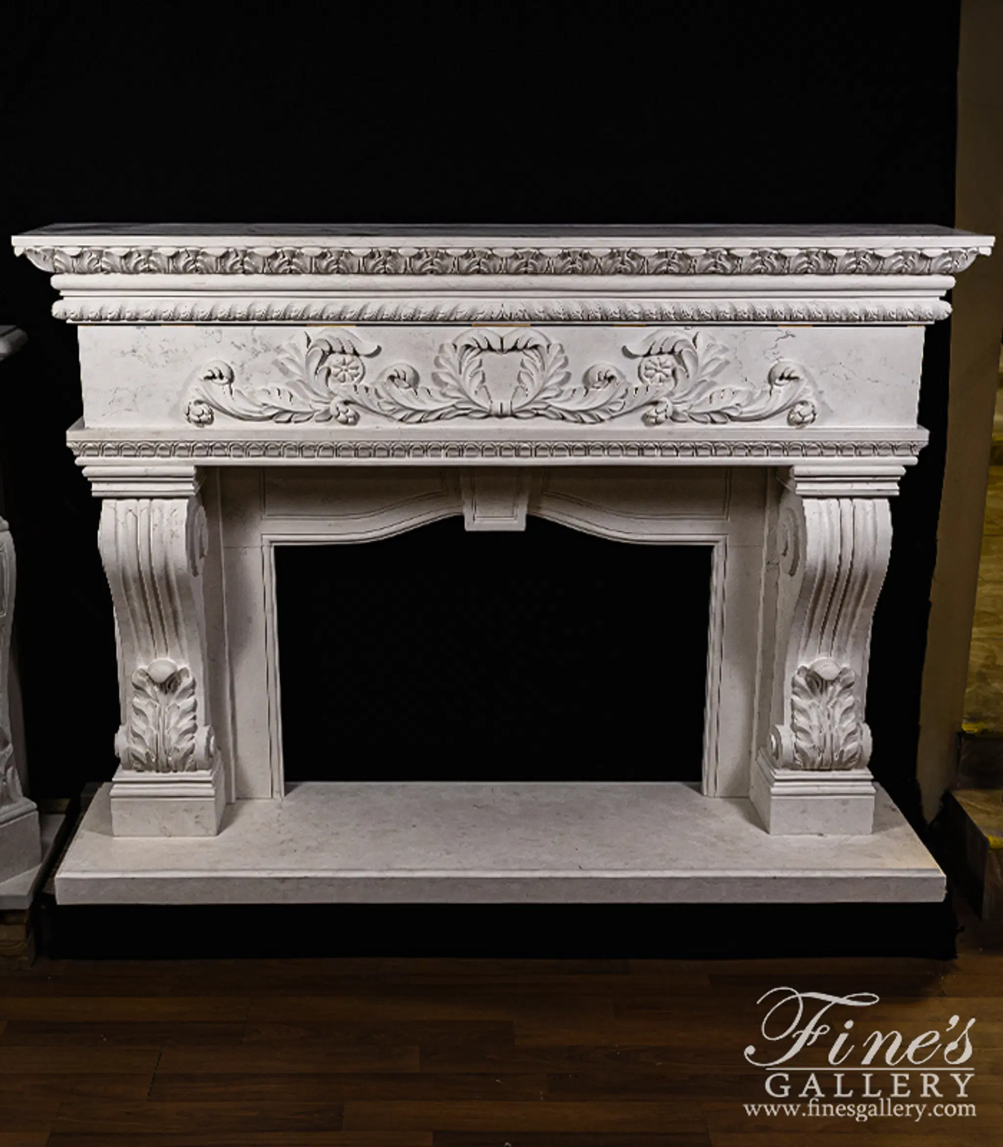 Oversized Italian Style Mantel in Italian Bianco Perlino Marble — Model MFP-2616 — detail view 1