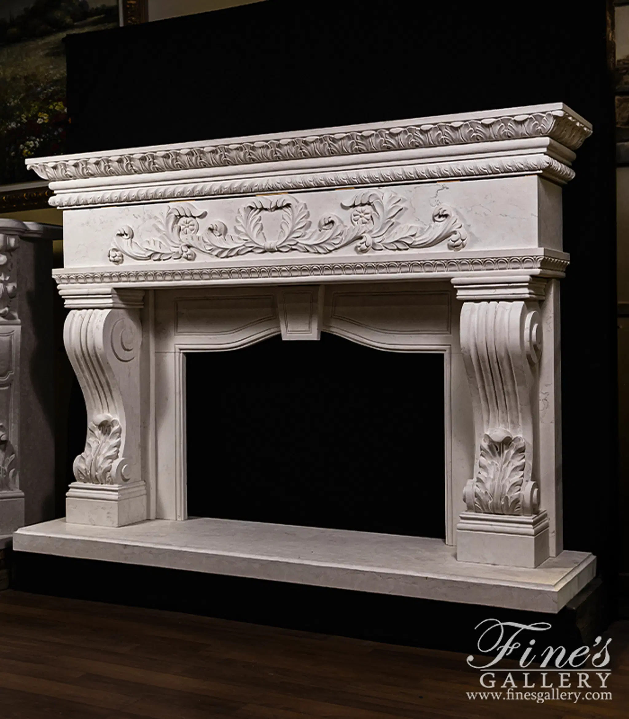 Oversized Italian Style Mantel in Italian Bianco Perlino Marble — Model MFP-2616 — detail view 2