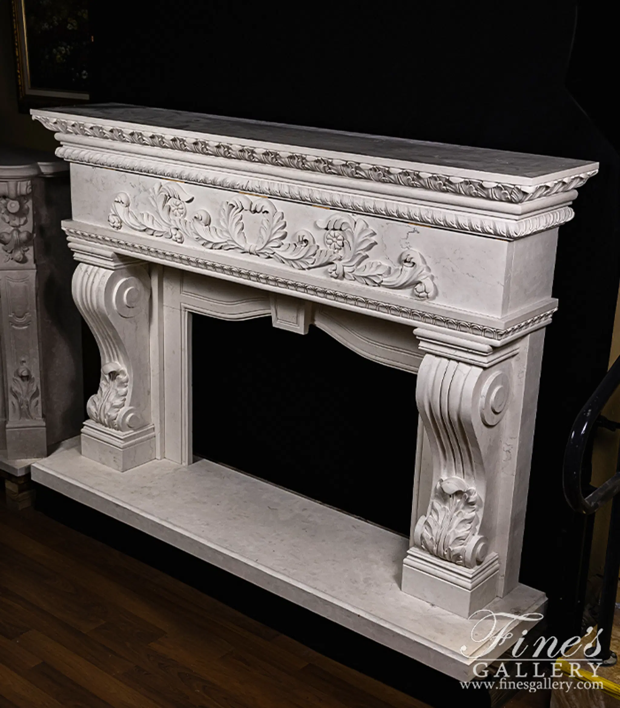 Oversized Italian Style Mantel in Italian Bianco Perlino Marble — Model MFP-2616 — detail view 3