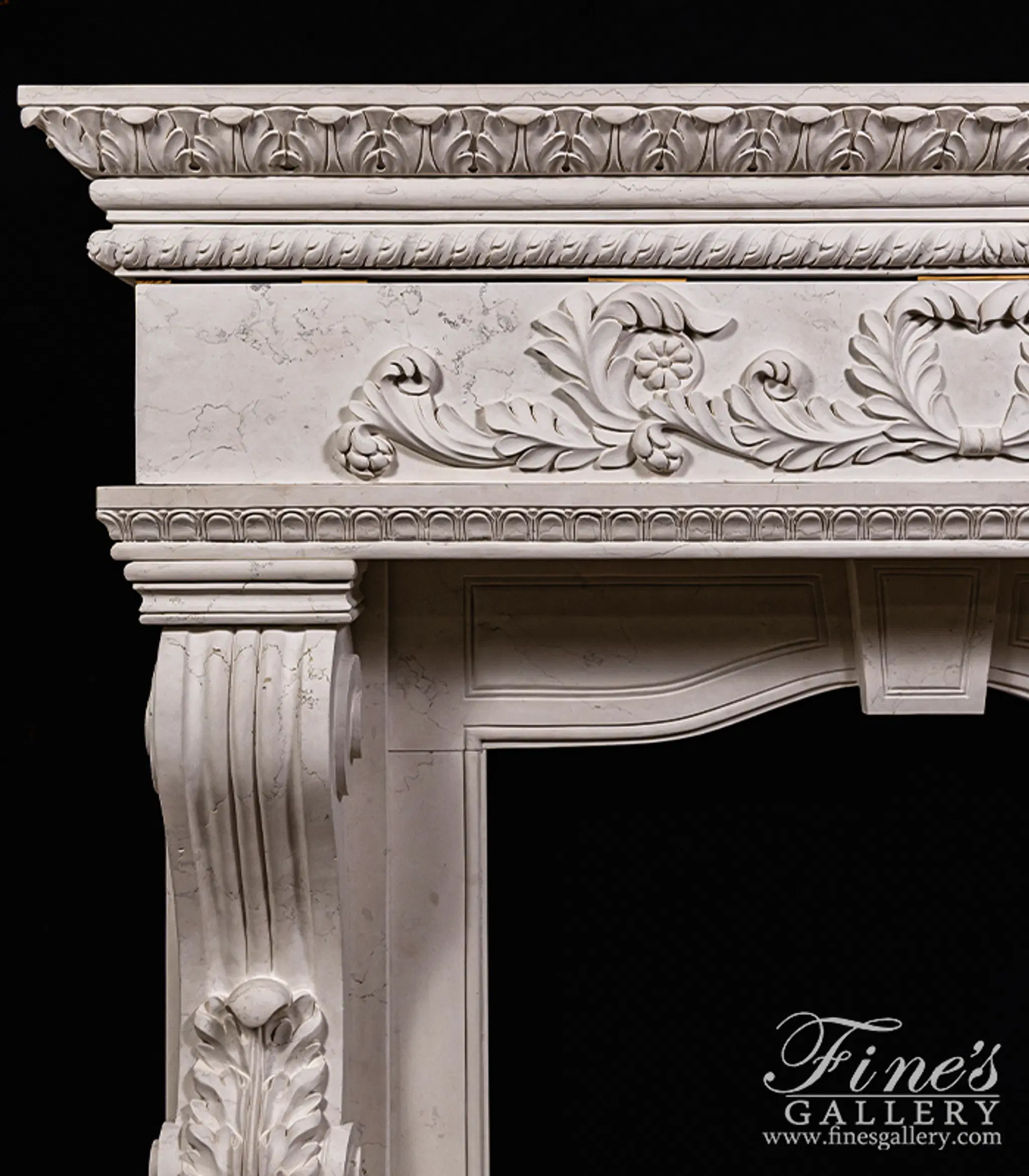 Oversized Italian Style Mantel in Italian Bianco Perlino Marble — Model MFP-2616 — detail view 4
