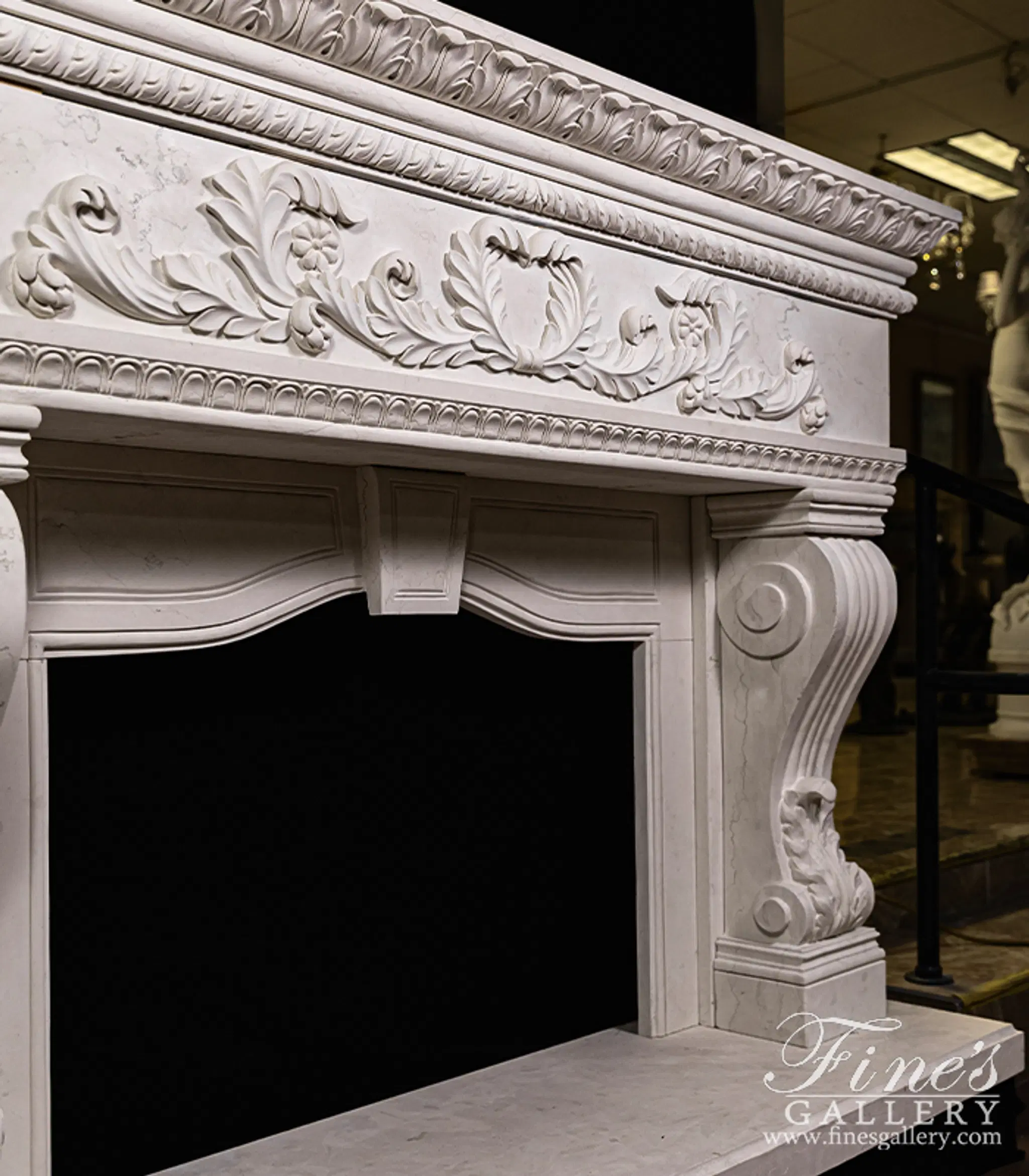 Oversized Italian Style Mantel in Italian Bianco Perlino Marble — Model MFP-2616 — detail view 5