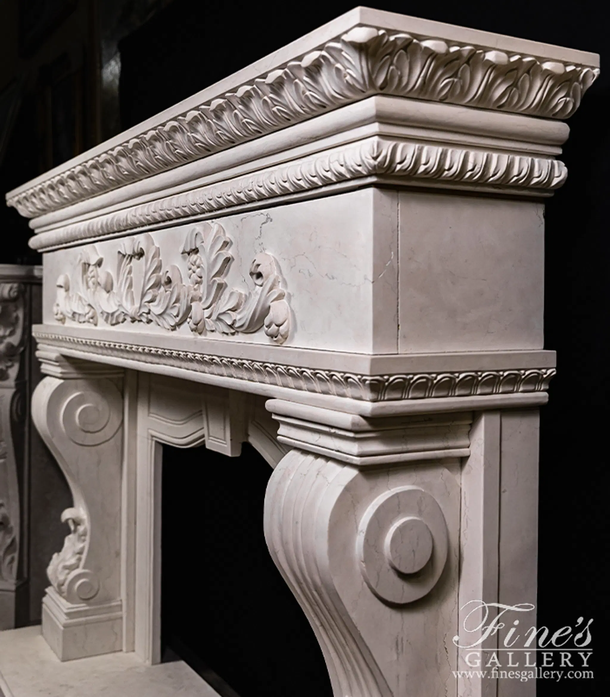 Oversized Italian Style Mantel in Italian Bianco Perlino Marble — Model MFP-2616 — detail view 6