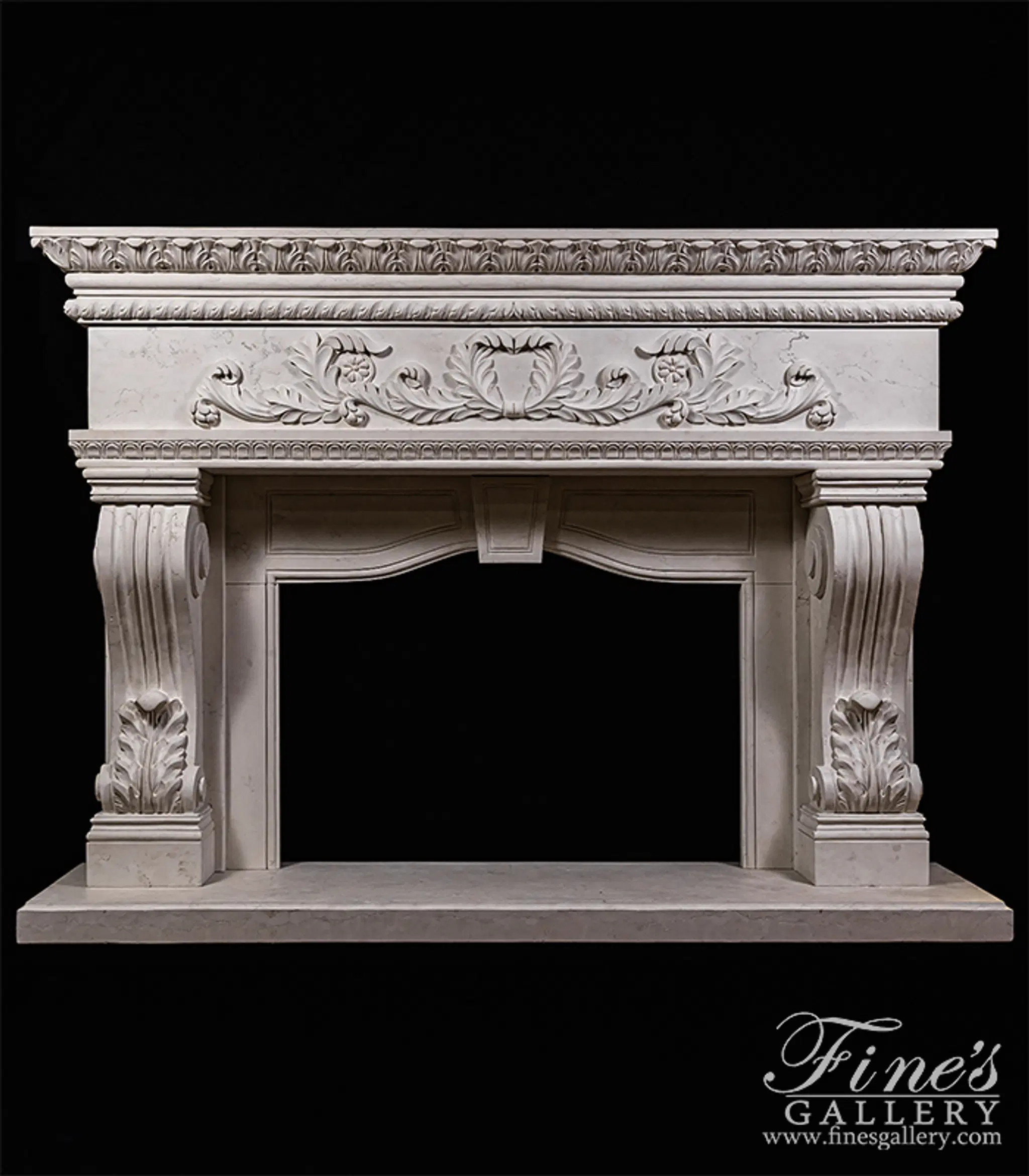 Oversized Italian Style Mantel in Italian Bianco Perlino Marble — Model MFP-2616 — Hand-Crafted by Fine's Gallery