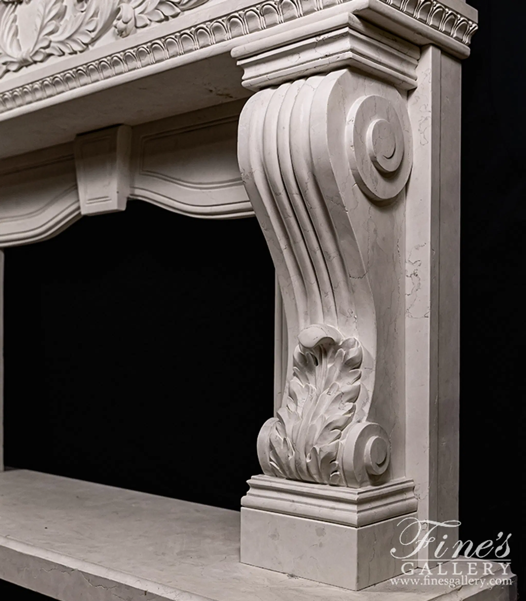 Oversized Italian Style Mantel in Italian Bianco Perlino Marble — Model MFP-2616 — detail view 7